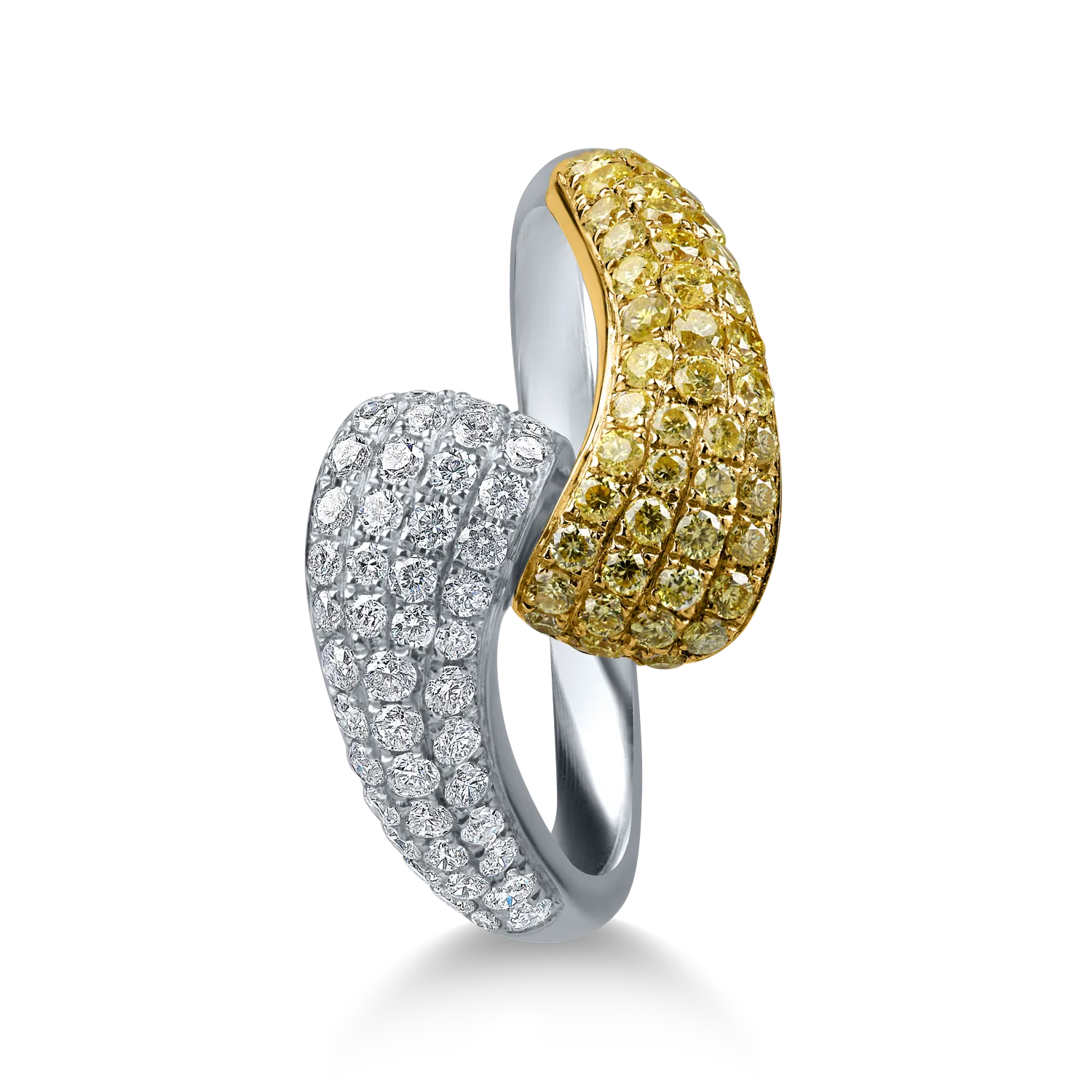 Inel geometric din aur alb-galben cu diamante galbene si incolore de 0.86ct