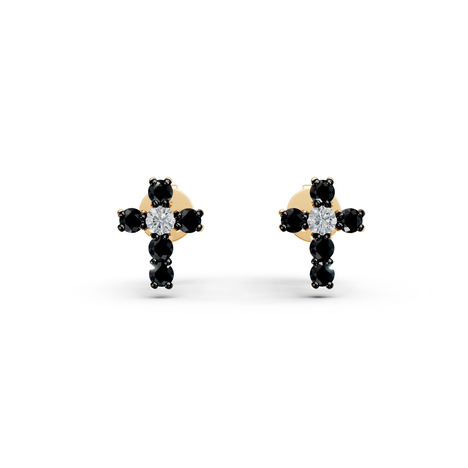 Yellow gold cross earrings with 0.1ct black and clear diamonds-190959