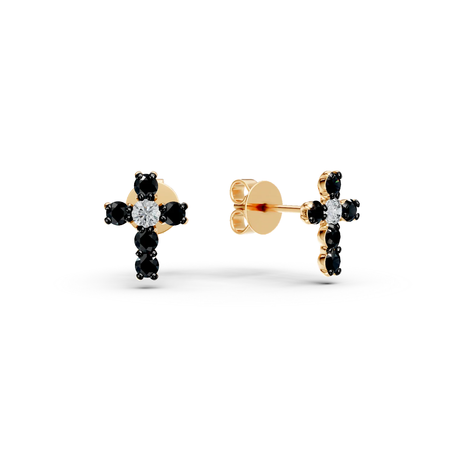 Yellow gold cross earrings with 0.1ct black and clear diamonds