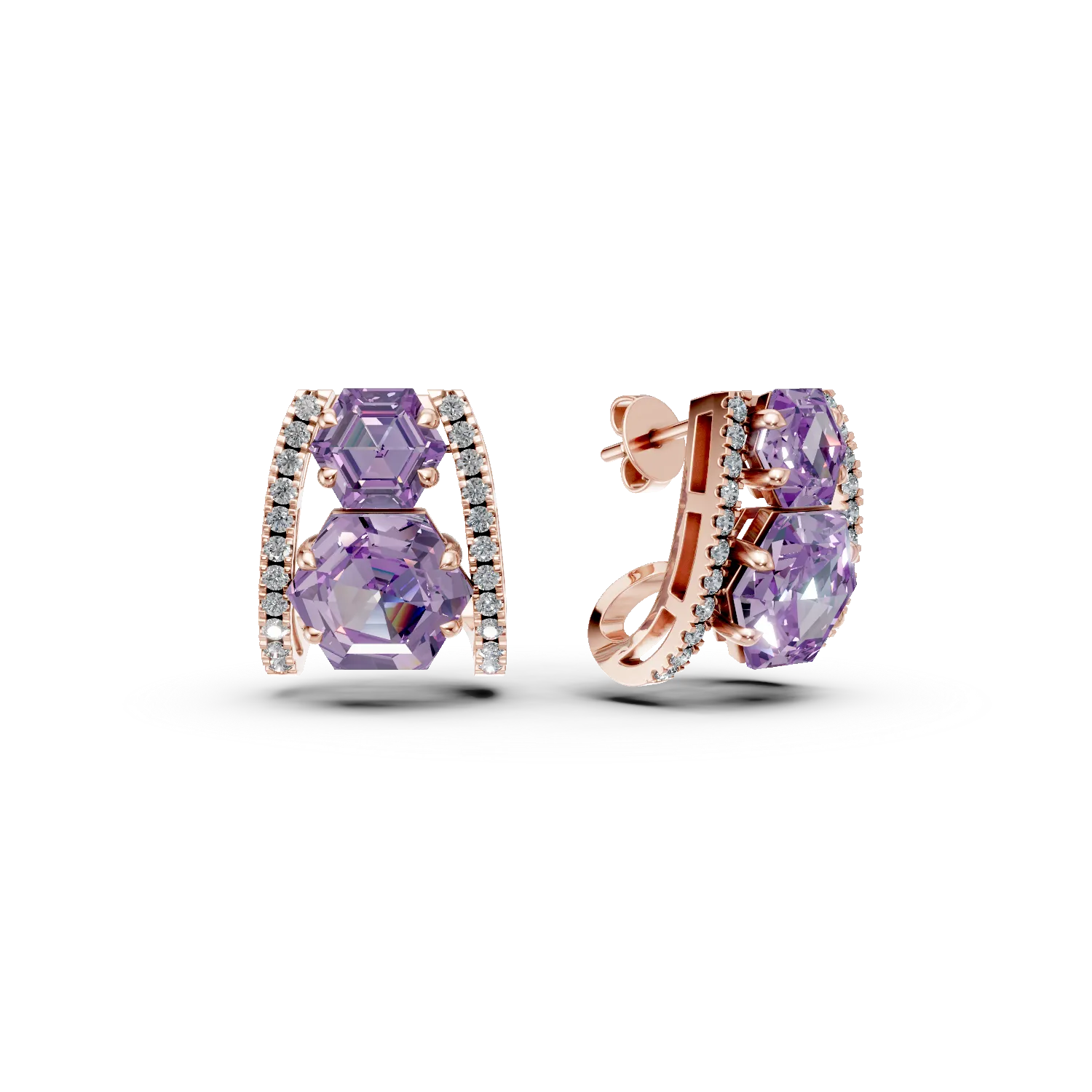 Cercei geometrici din aur roz cu ametiste de 3.06ct si diamante de 0.2ct
