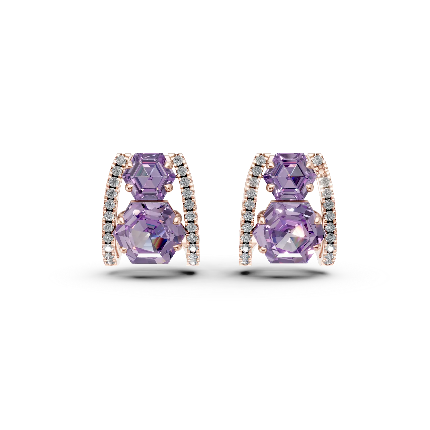 Rózsarany geometrikus fülbevaló 3.06ct ametiszttel és 0.2ct gyémántokkal-191266