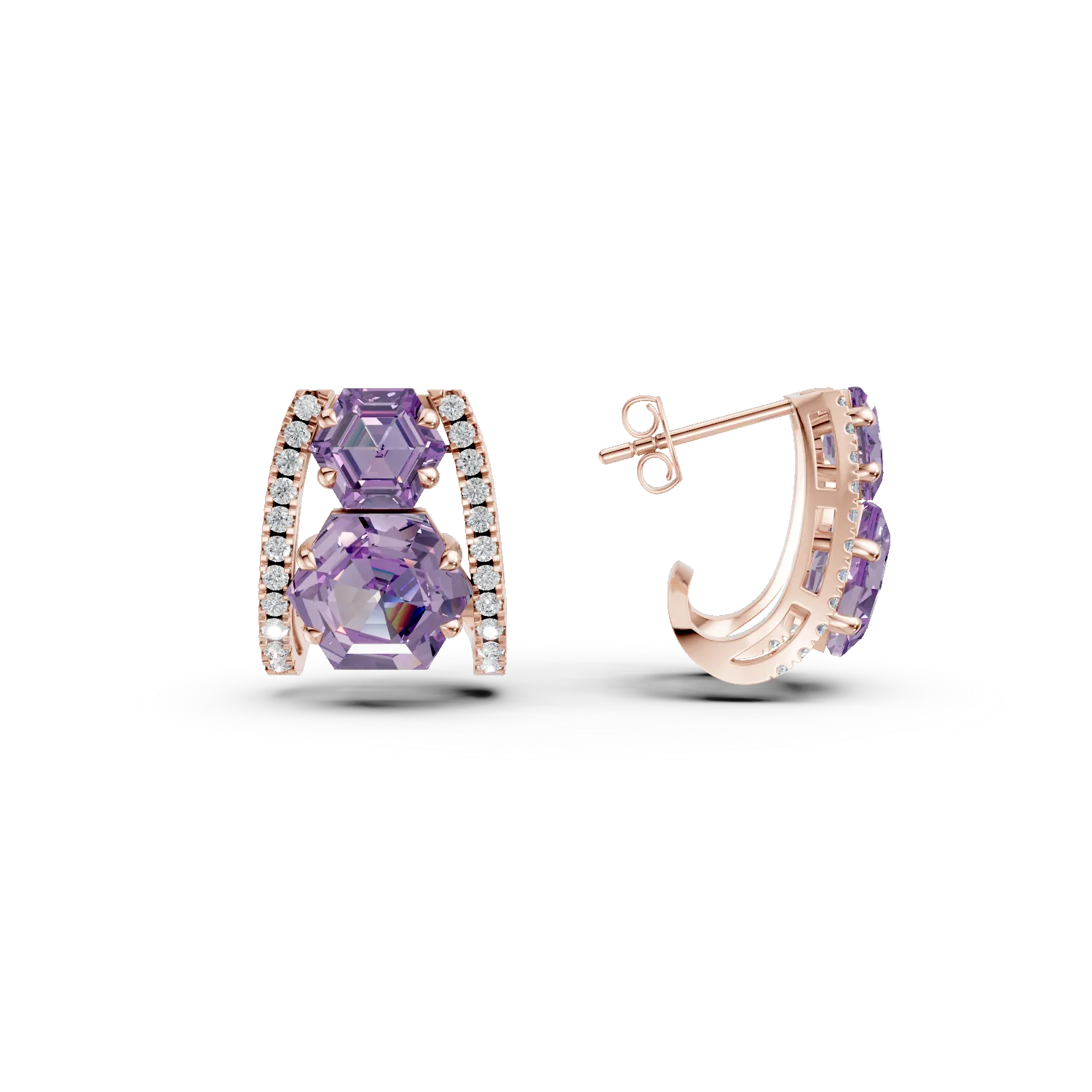 Геометрични обеци от розово злато с 3.06кт аметисти и 0.2кт диаманти