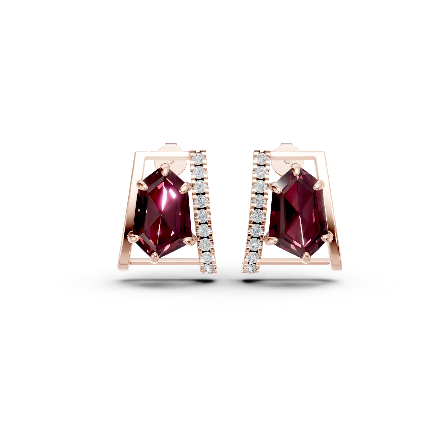 Cercei geometrici din aur roz cu granate de 4.3ct si diamante de 0.2ct
