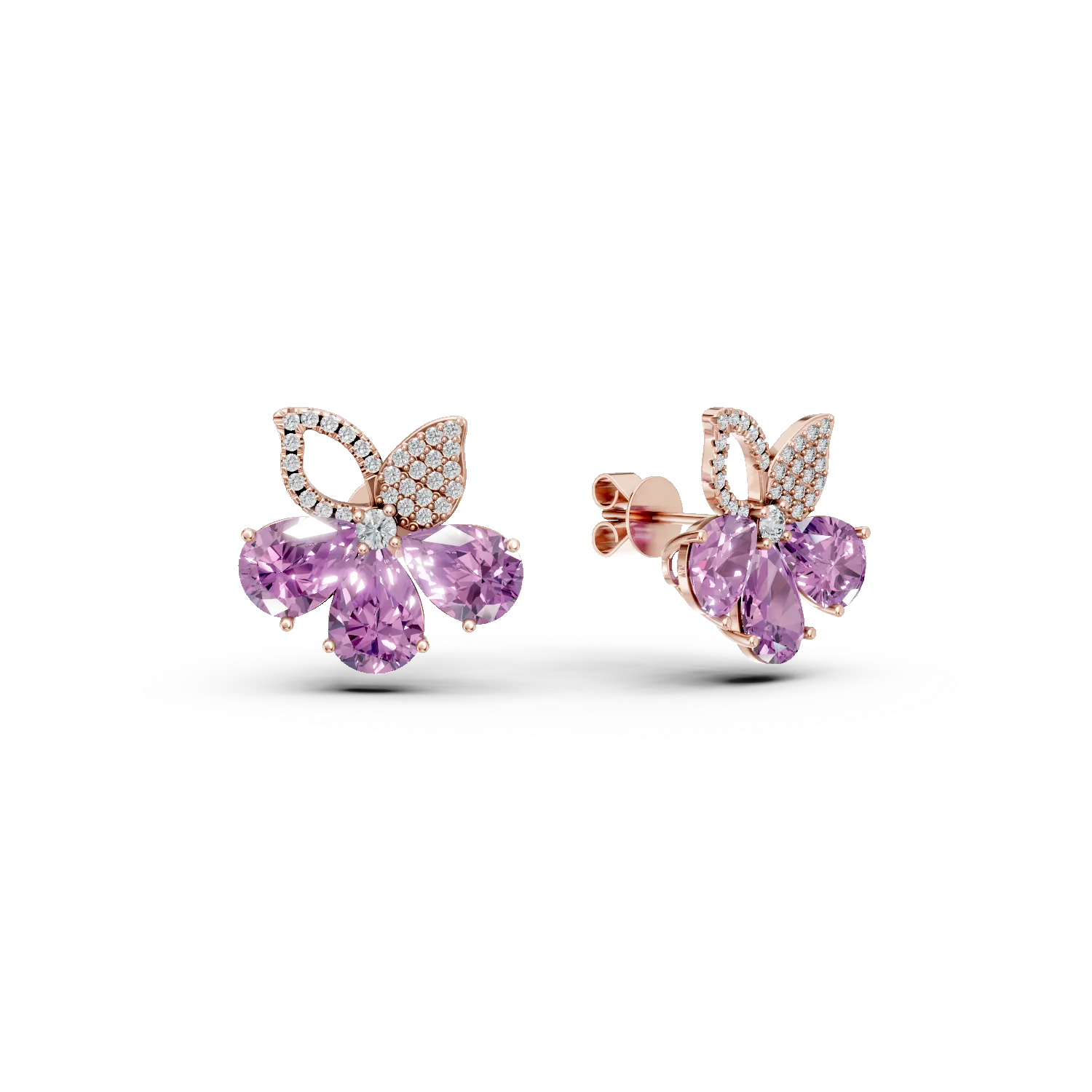 Cercei floare din aur roz cu ametiste de 5.9ct si diamante de 0.4ct