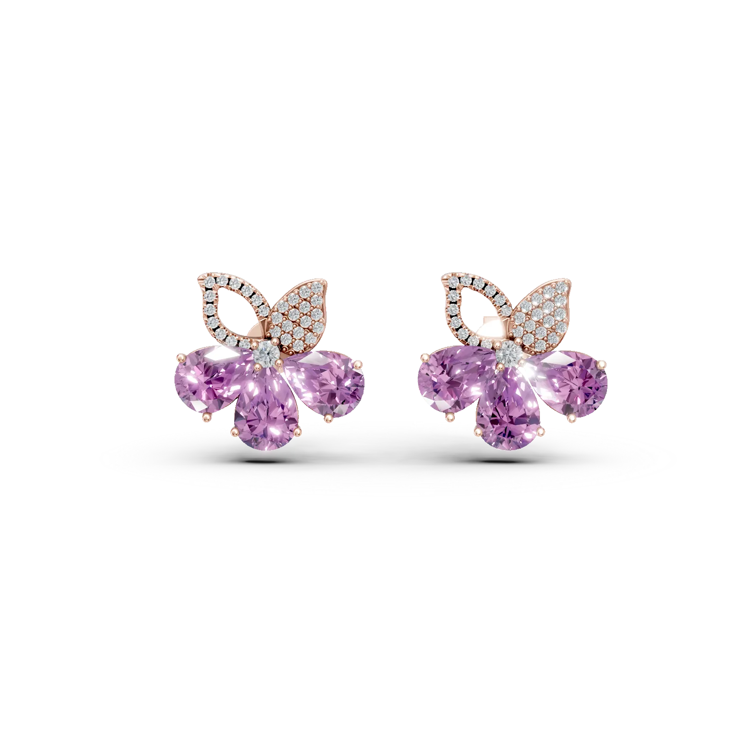Cercei floare din aur roz cu ametiste pear de 5.9ct si diamante de 0.4ct