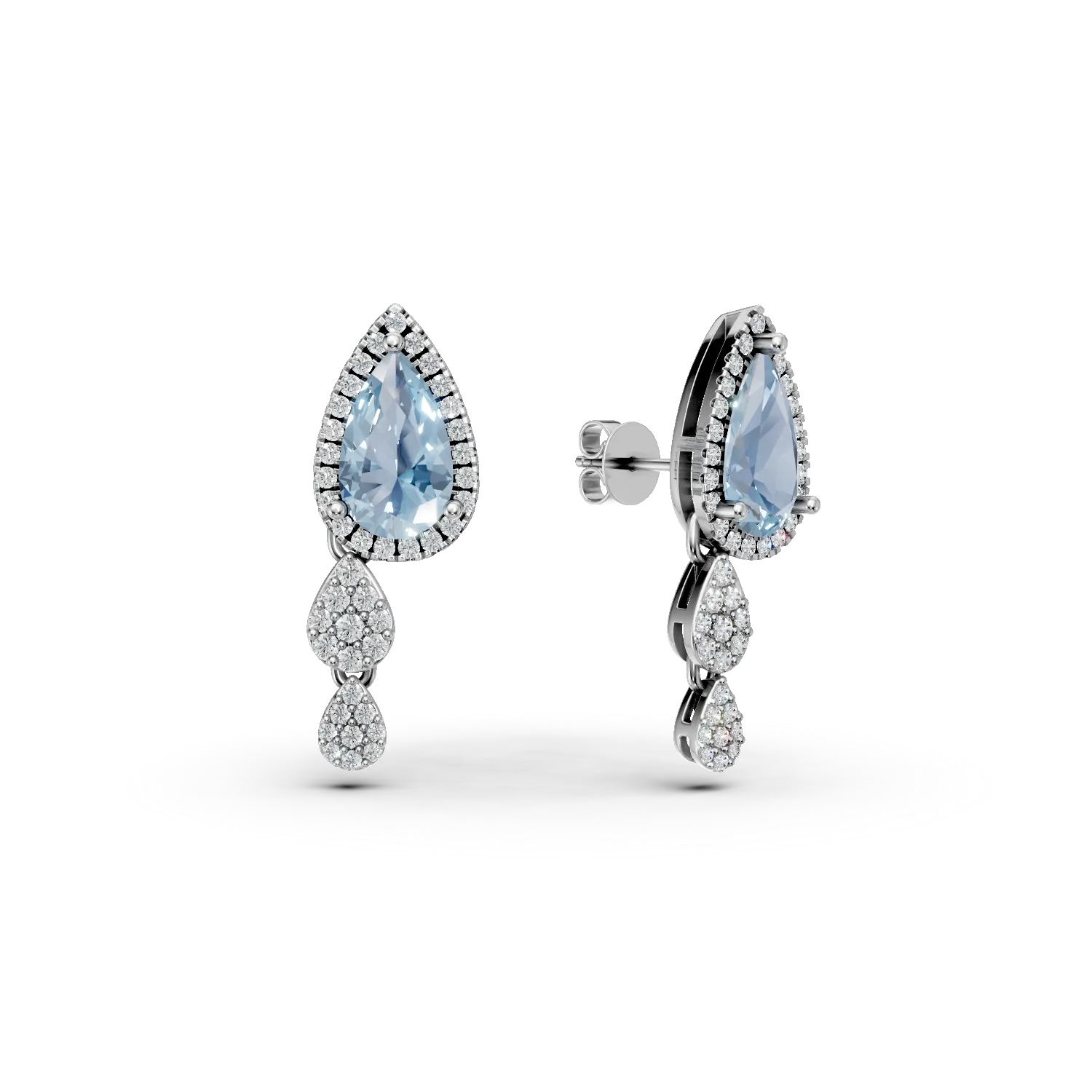 Cercei geometrici din aur alb cu topaze albastre pear de 2.8ct si diamante de 0.6ct