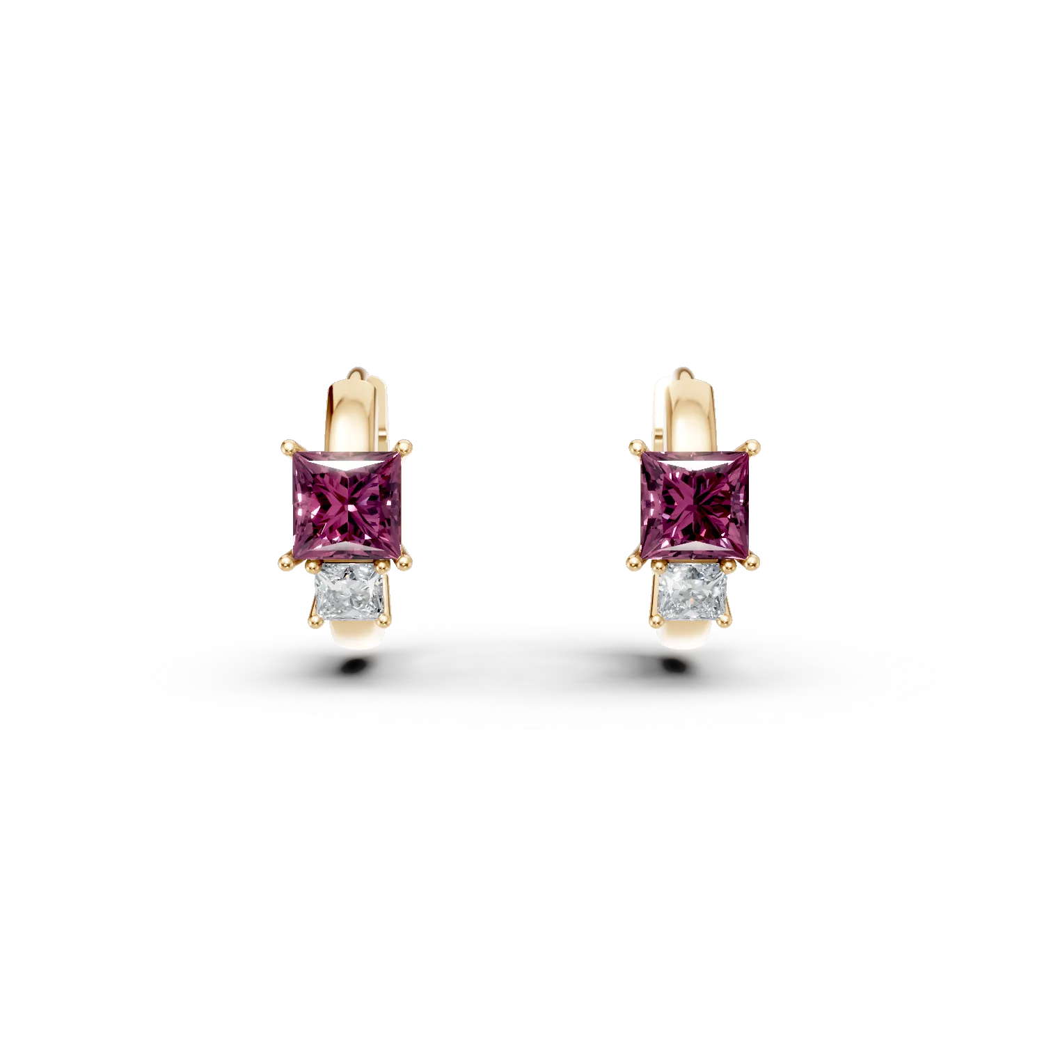 Cercei hoop din aur galben cu rubine de 0.3ct si diamante de 0.06ct