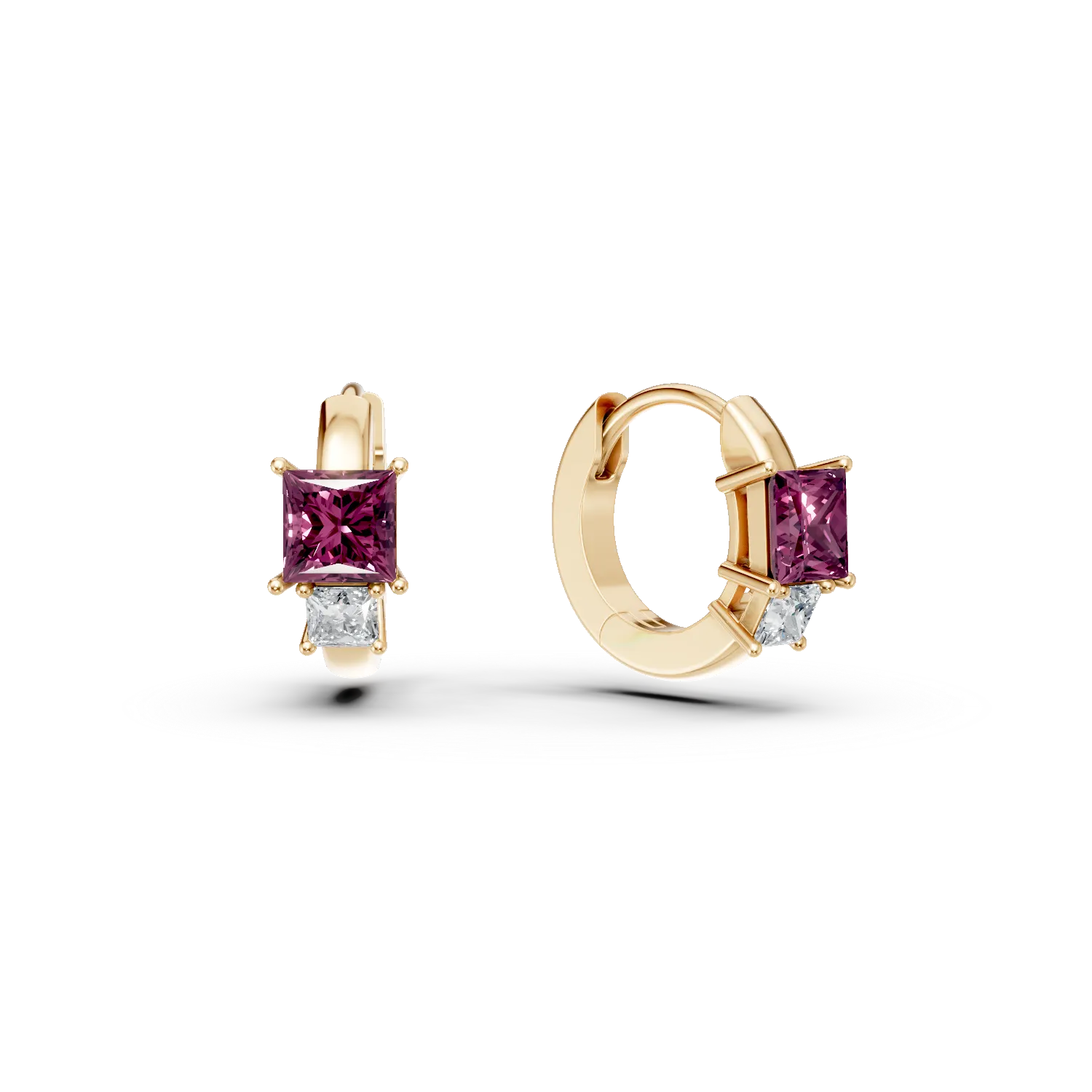 Cercei hoop din aur galben cu rubine square de 0.3ct si diamante de 0.06ct