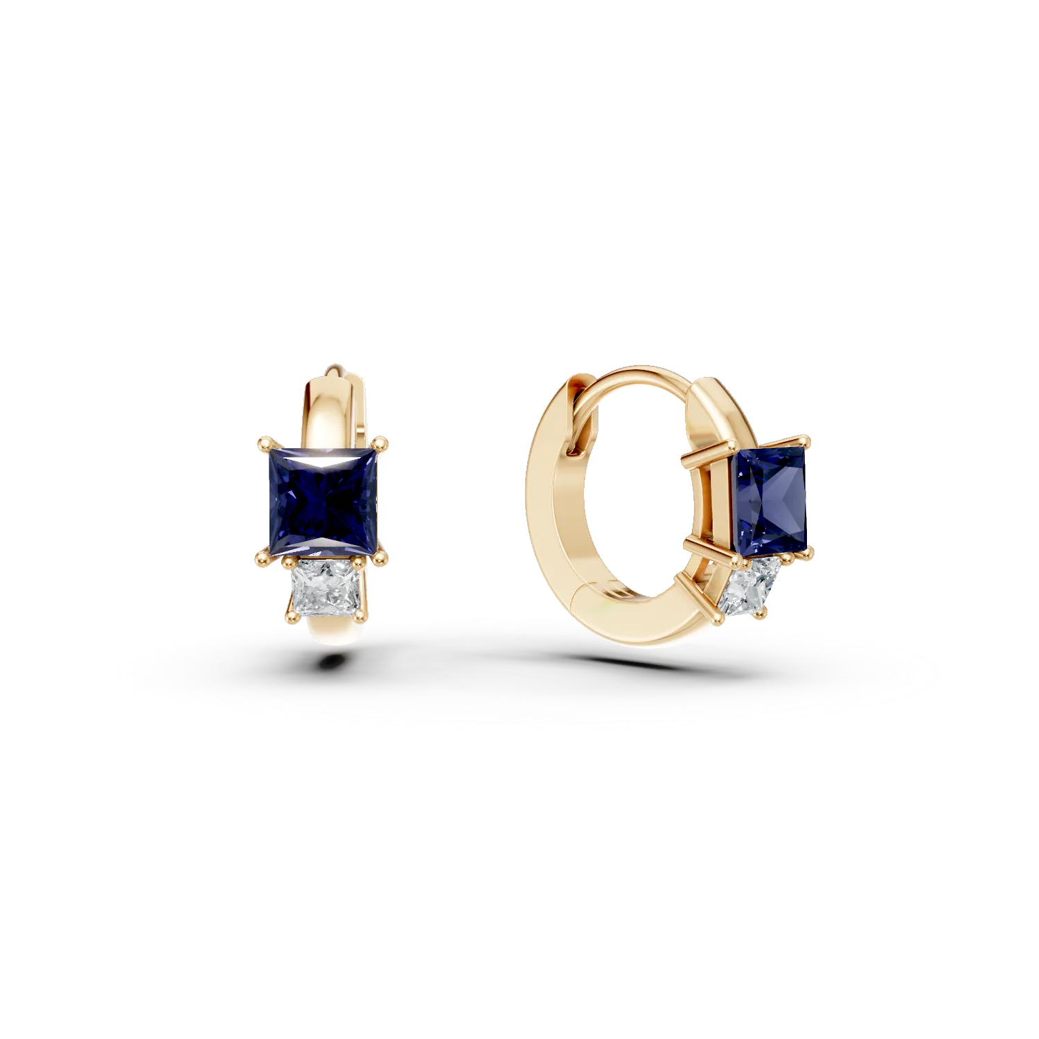 Cercei hoop din aur galben cu safire square de 0.3ct si diamante de 0.06ct