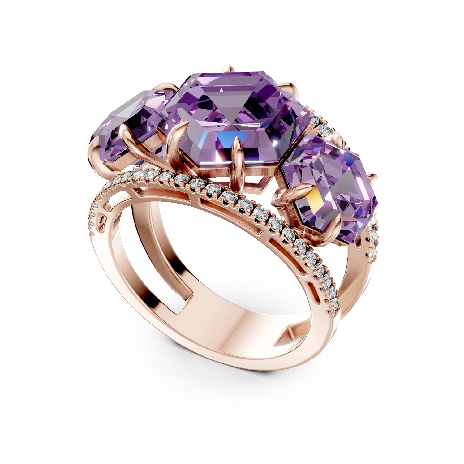 Rose gold geometric ring with 4.4ct amethysts and 0.3ct diamonds