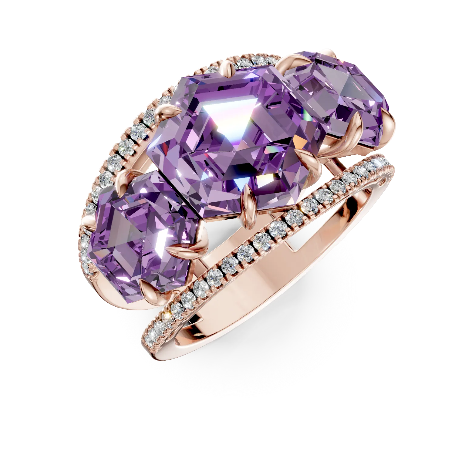Inel geometric din aur roz cu ametiste hexagonale de 4.4ct si diamante de 0.3ct