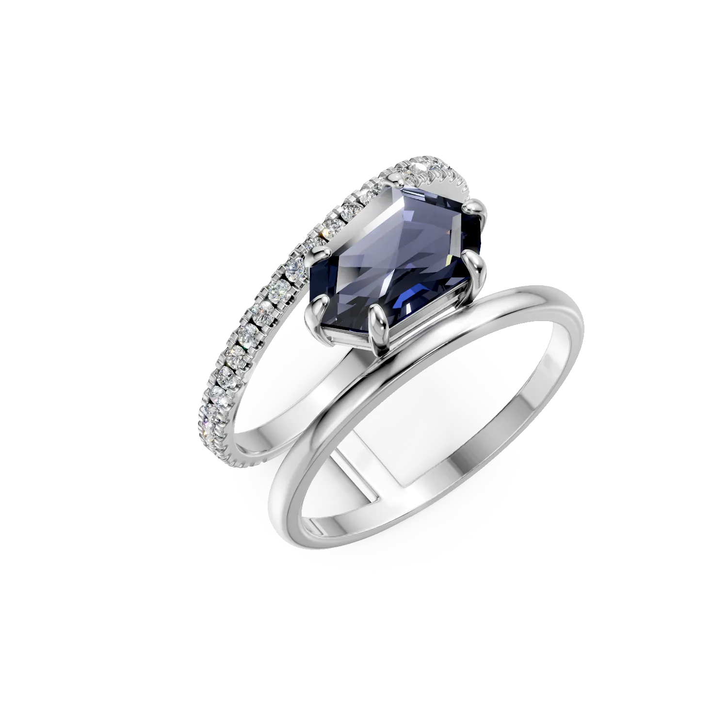 Inel geometric din aur alb cu topaz london blue de 2.1ct si diamante de 0.3ct
