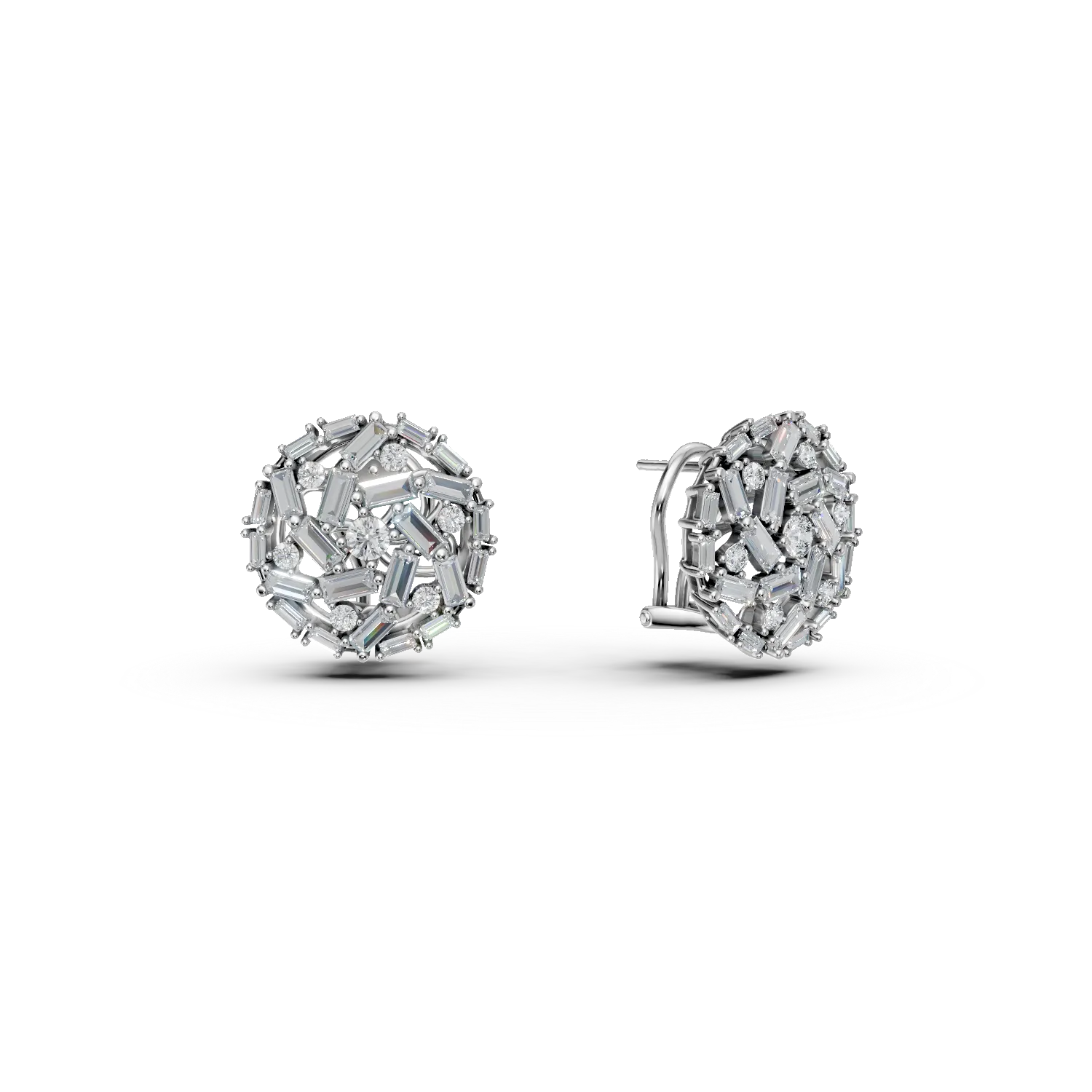 Cercei on ear din aur alb cu diamante baguette si rotunde de 1.4ct