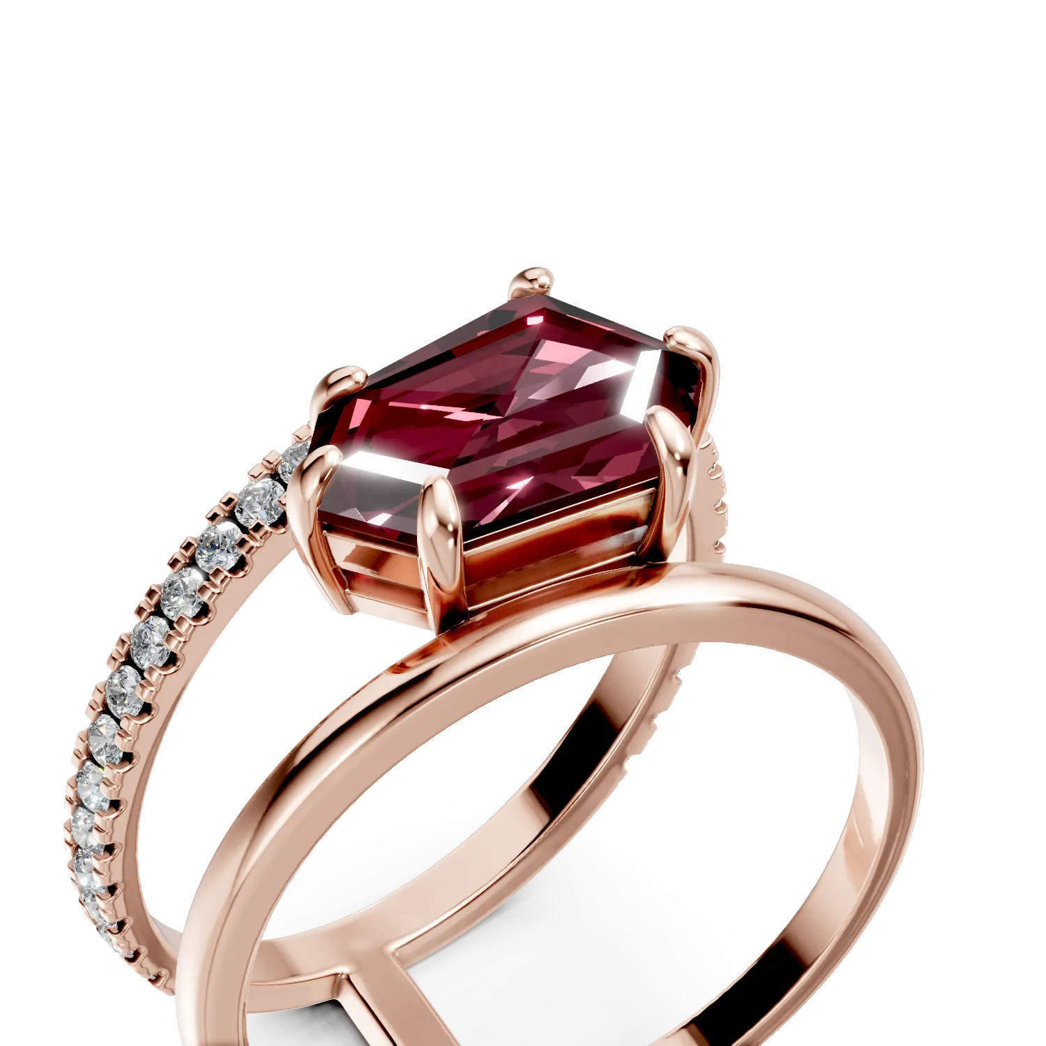 Rose gold geometric ring with 2.4ct garnet and 0.3ct diamonds