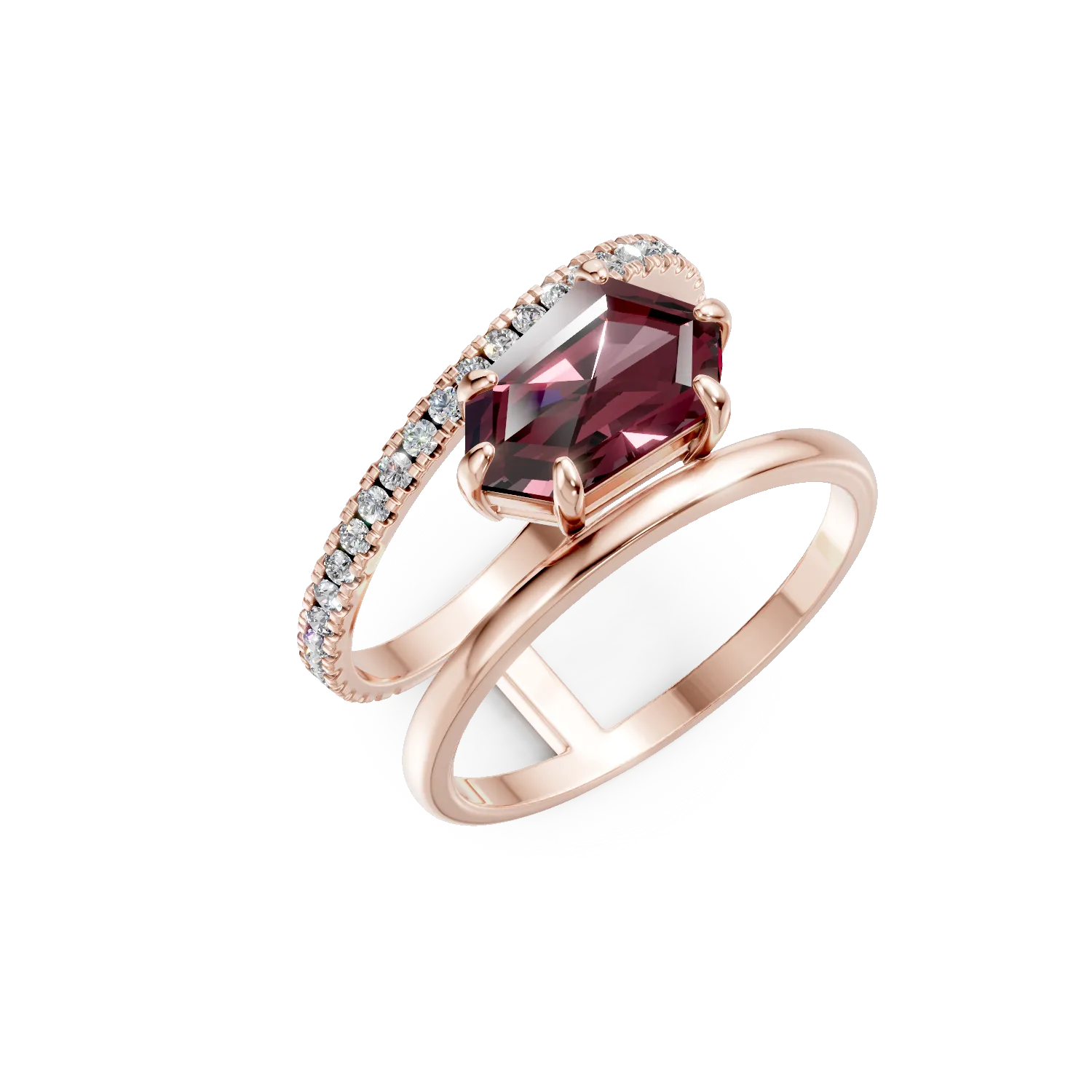Inel geometric din aur roz cu granat de 2.4ct si diamante de 0.3ct