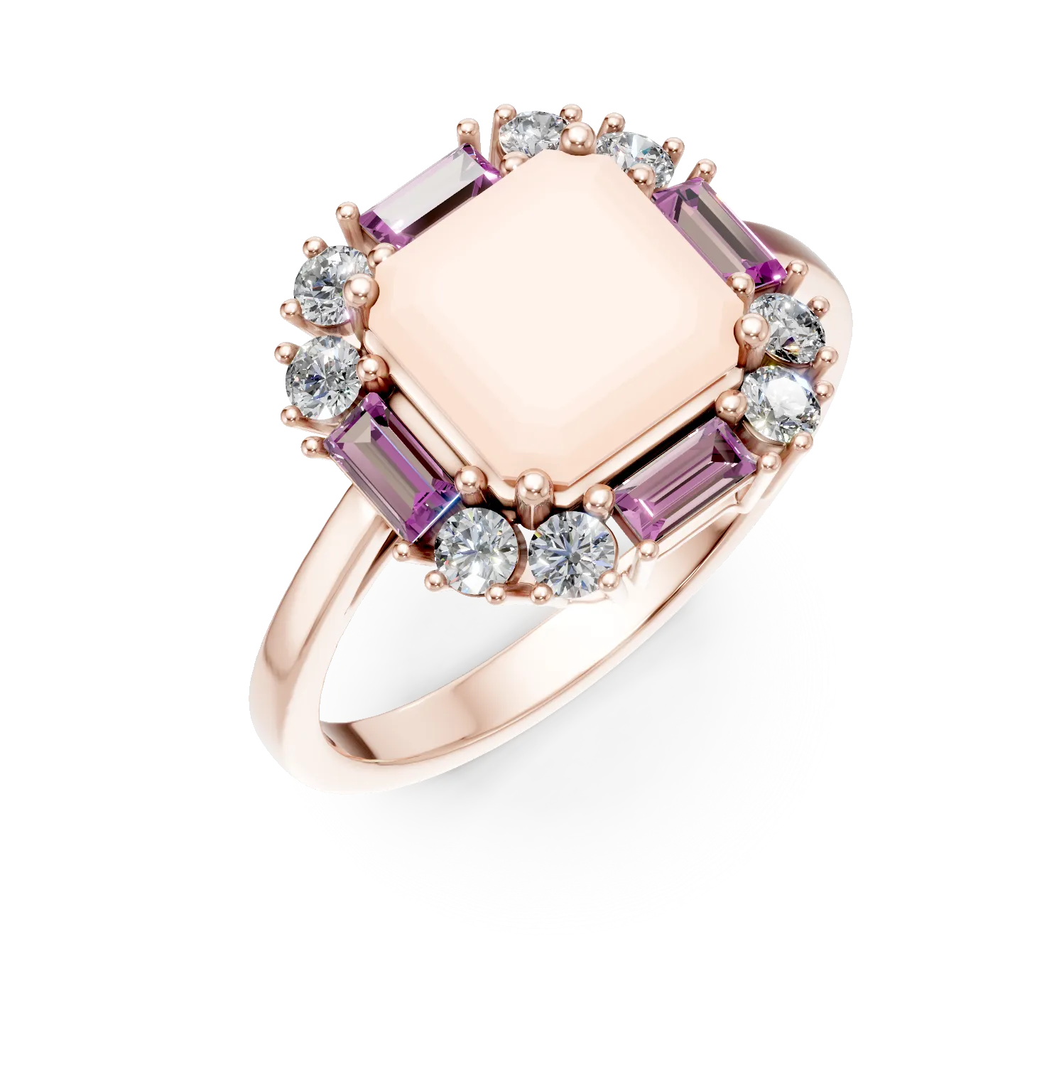 Inel geometric din aur roz cu pietre pretioase si semipretioase de 2.8ct