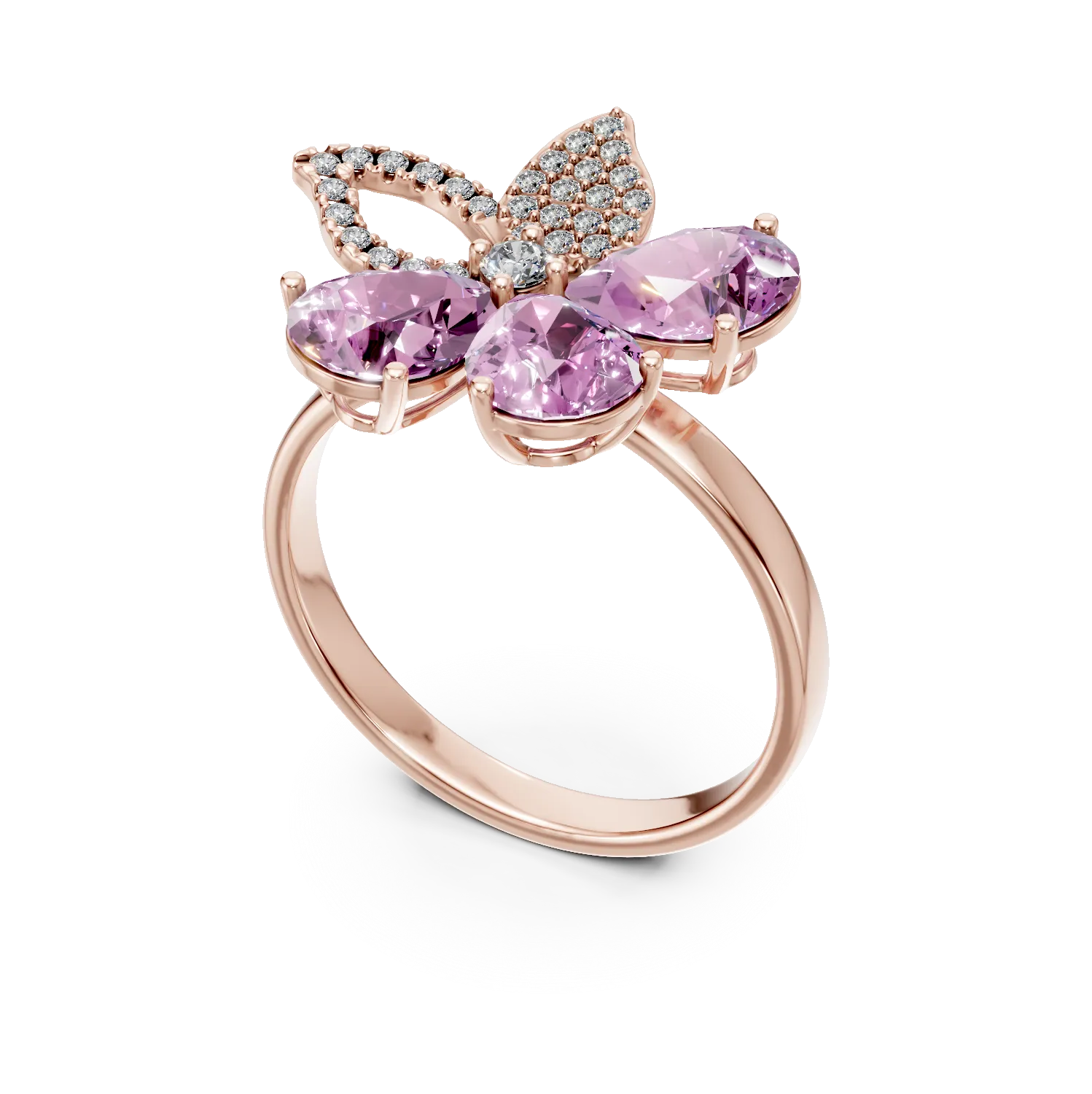 Rose gold flower ring with 3.3ct amethysts and 0.2ct diamonds