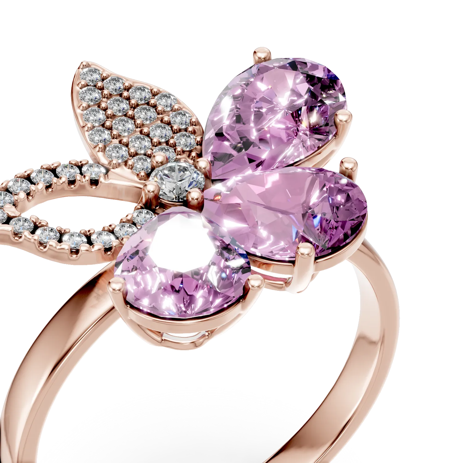 Rose gold flower ring with 3.3ct amethysts and 0.2ct diamonds