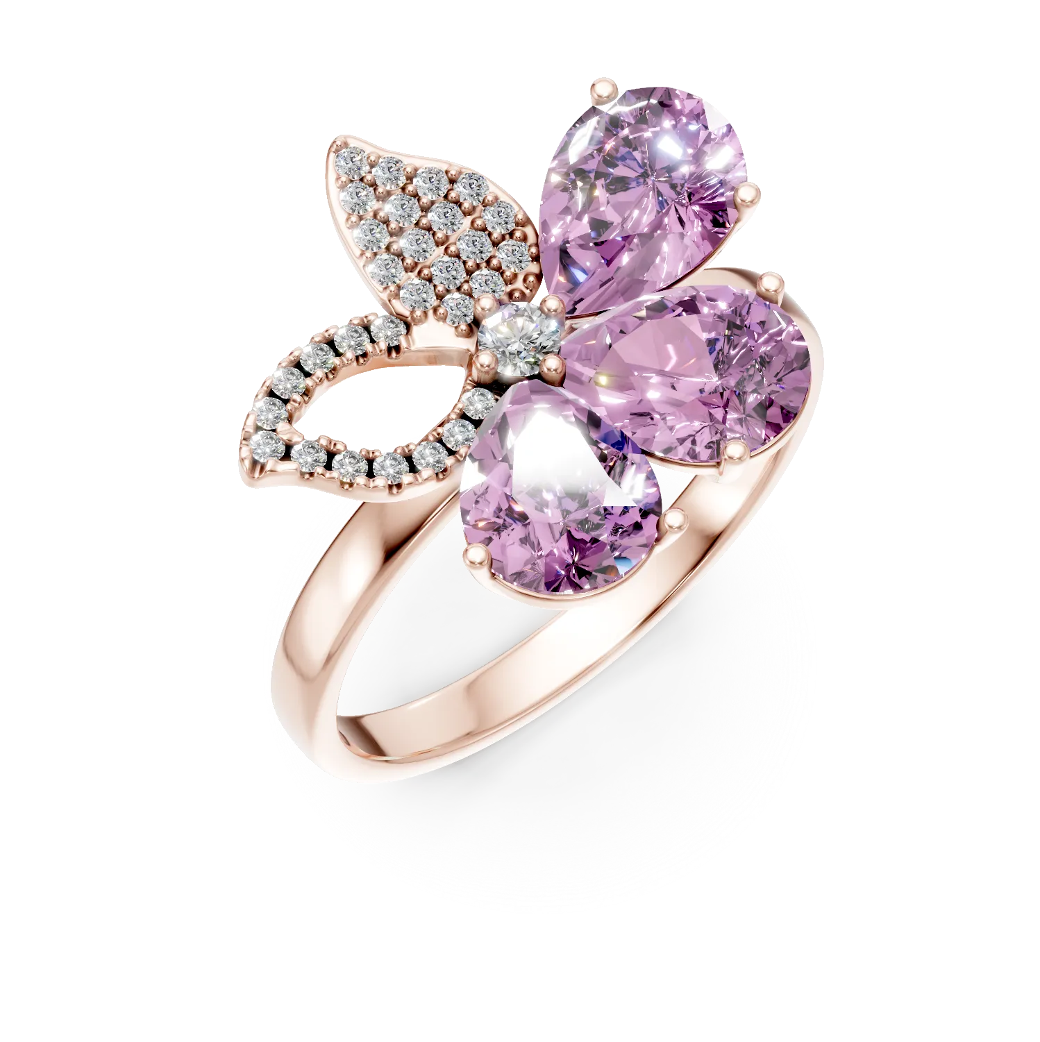 Inel floare din aur roz cu ametiste pear de 3.3ct si diamante de 0.2ct