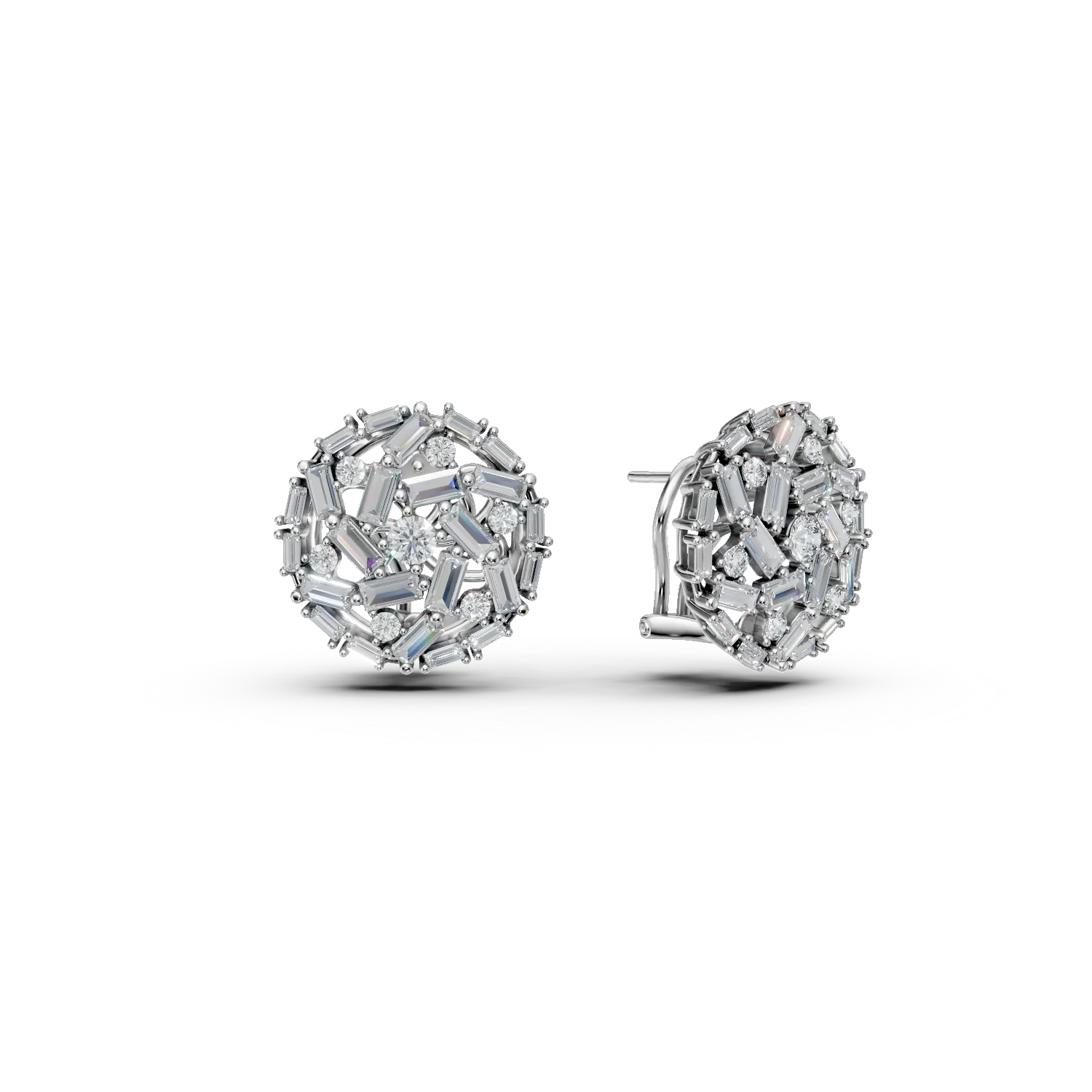 Cercei rotunzi din aur alb cu diamante baguette si rotunde de 2.1ct