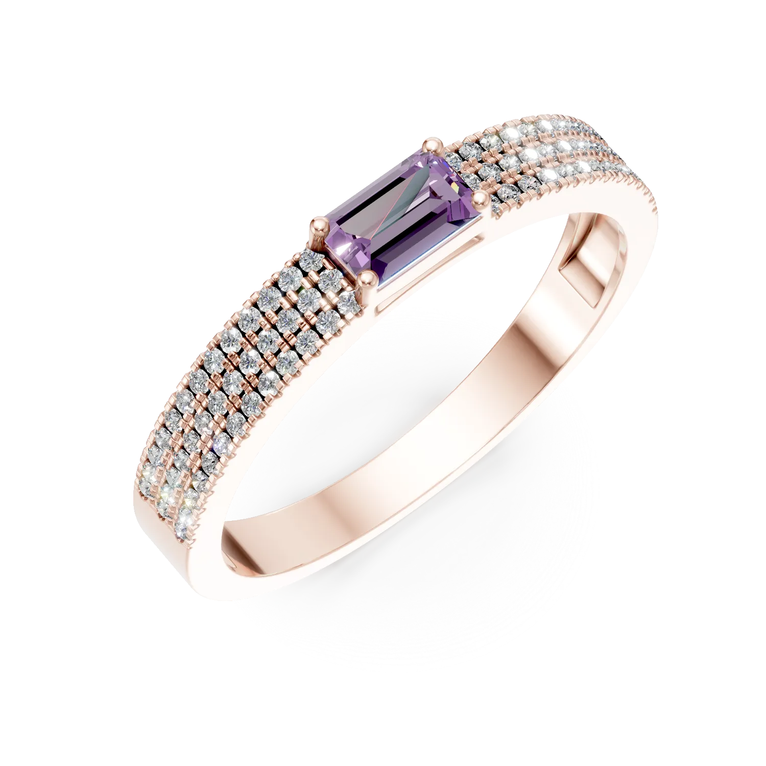 Inel din aur roz cu safir roz baguette de 0.3ct si diamante microsetting de 0.2ct