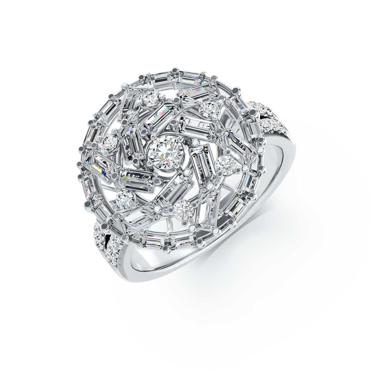 Inel rotund din aur alb cu diamante baguette si rotunde de 1.1ct