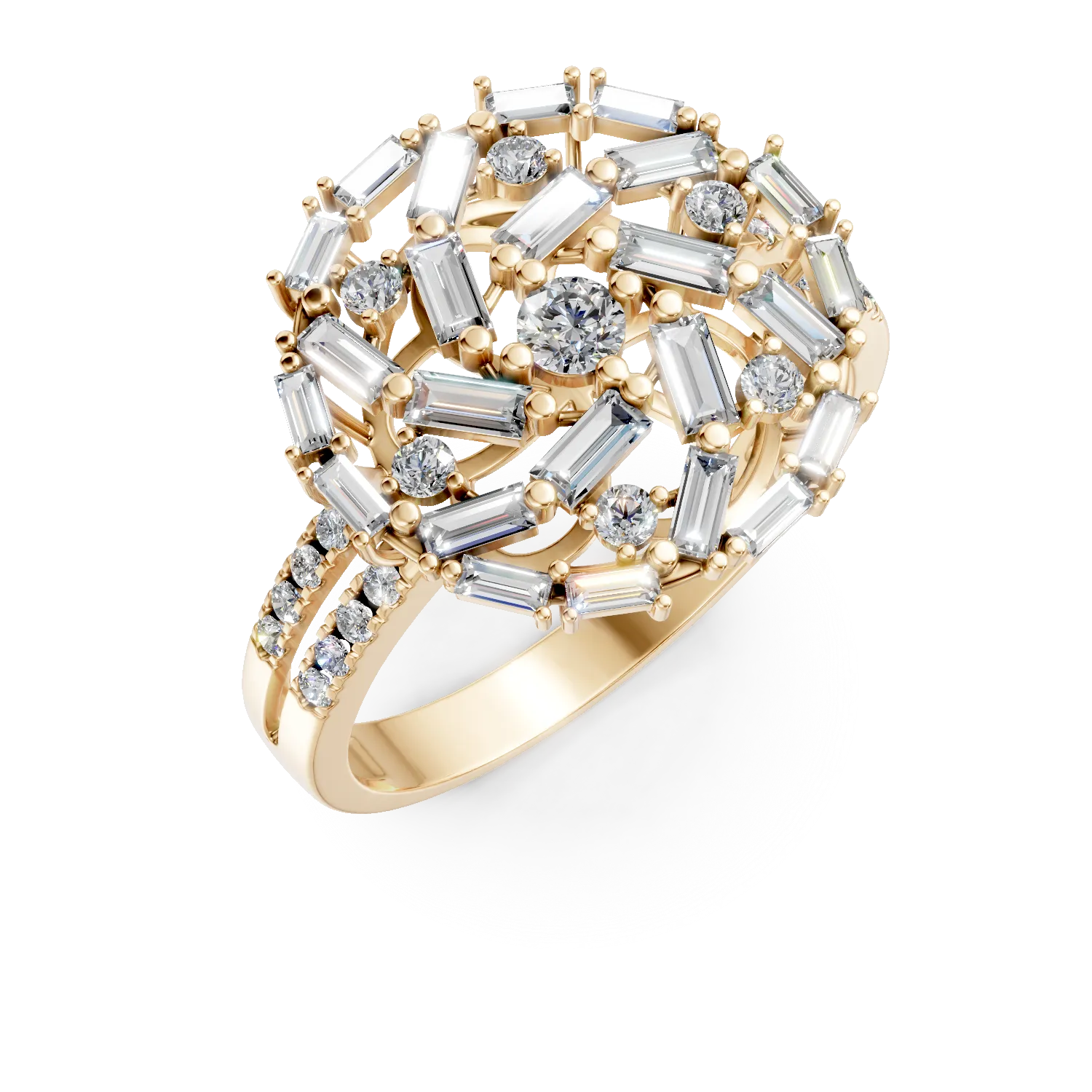 Inel rotund din aur galben cu diamante baguette si rotunde de 1.1ct