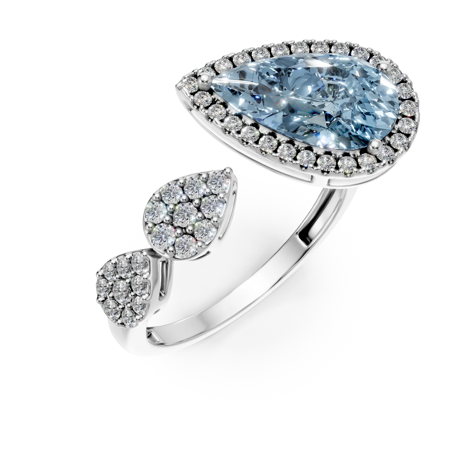 Inel geometric din aur alb cu topaz albastru pear de 2.4ct si diamante de 0.3ct