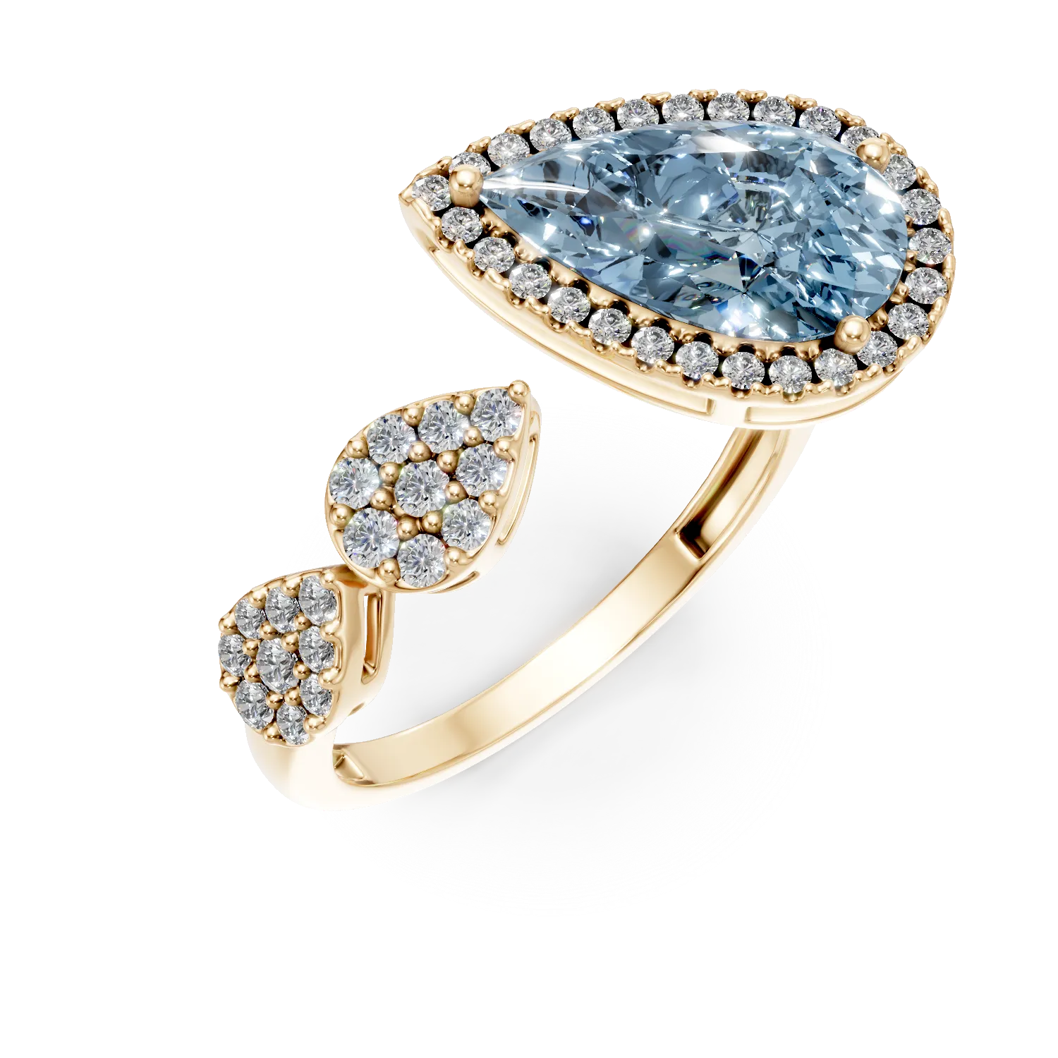 Inel geometric din aur galben cu topaz albastru pear de 2.4ct si diamante de 0.3ct