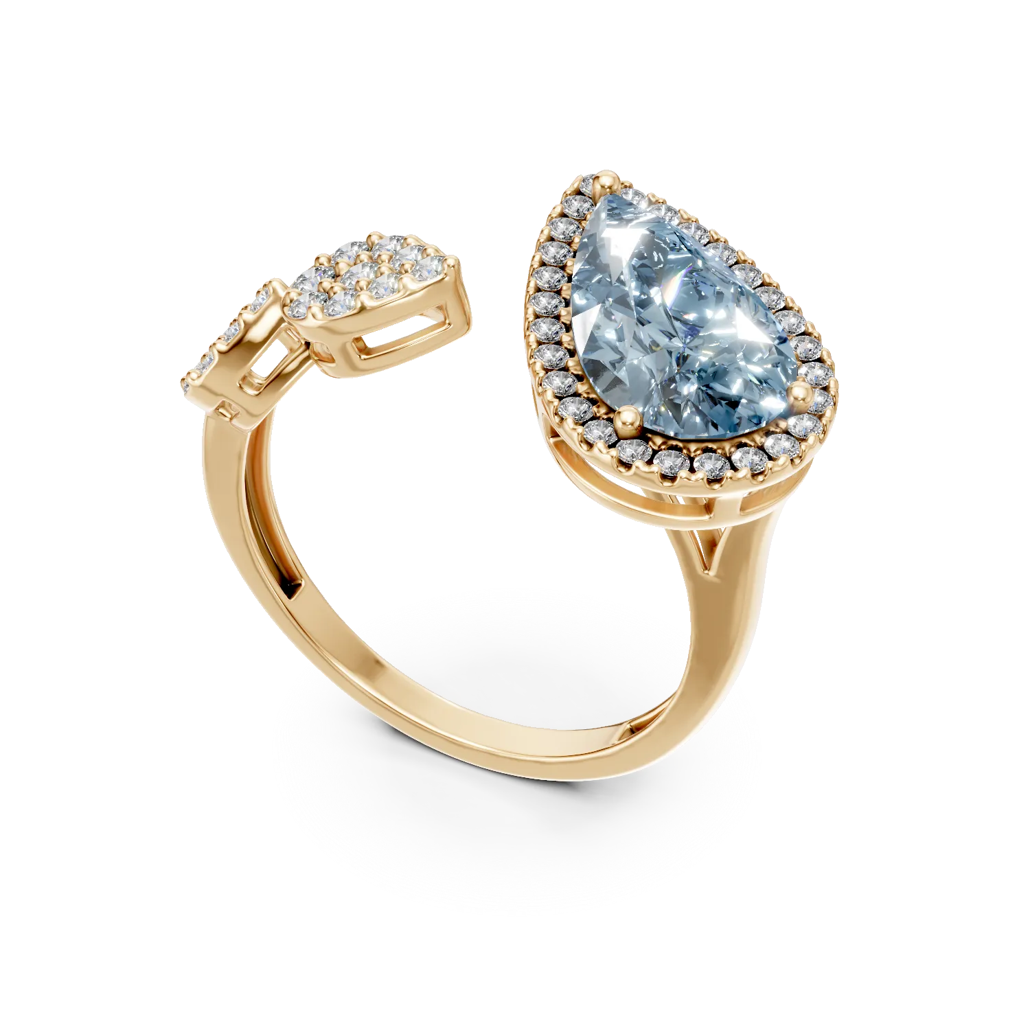 Inel geometric din aur galben cu topaz albastru pear de 2.4ct si diamante de 0.3ct