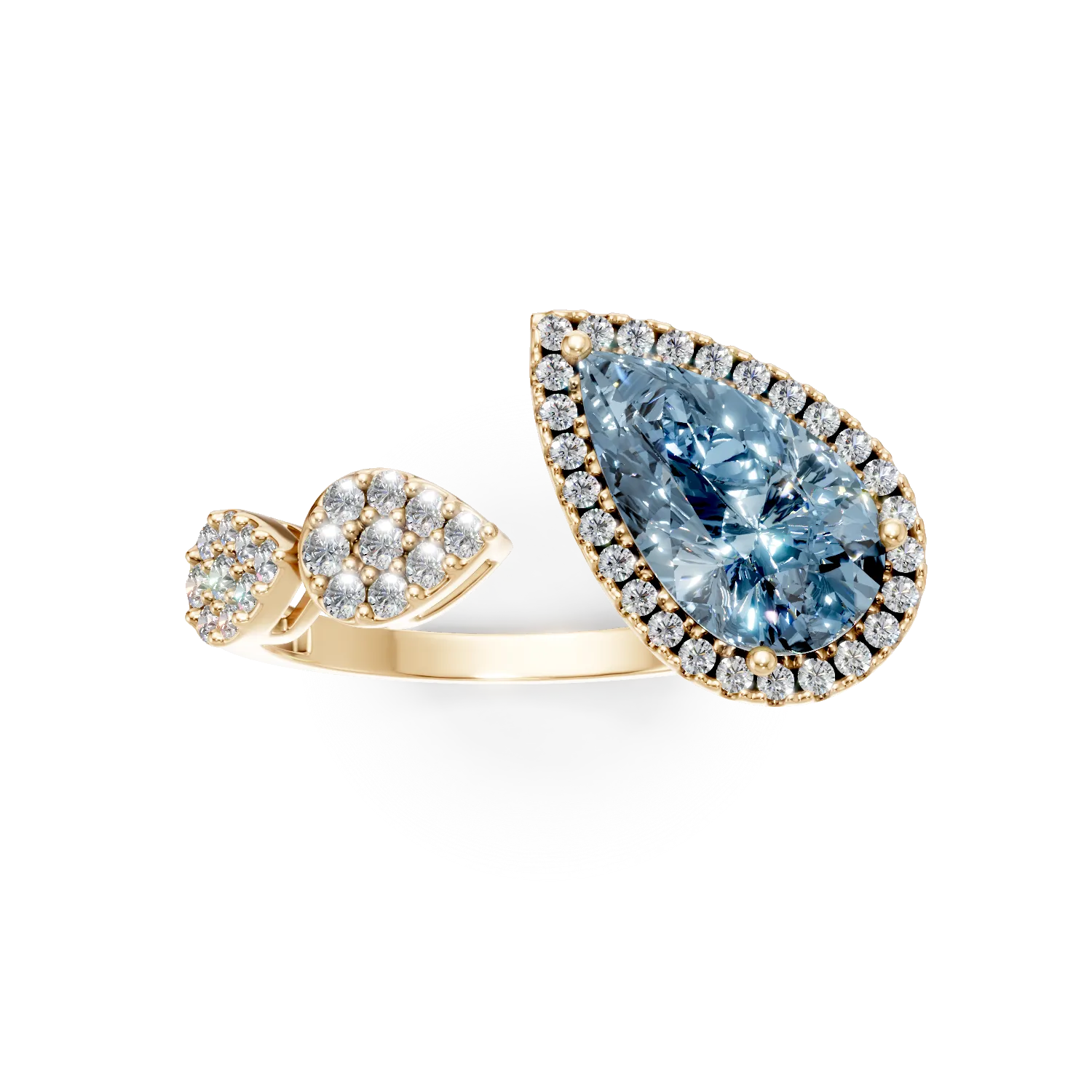 Inel geometric din aur galben cu topaz albastru pear de 2.4ct si diamante de 0.3ct