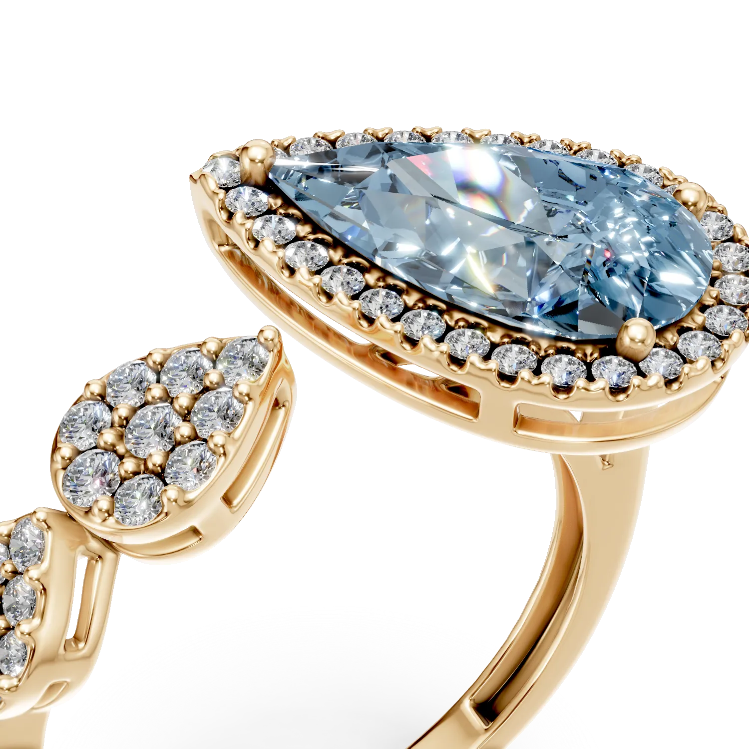 Inel geometric din aur galben cu topaz albastru pear de 2.4ct si diamante de 0.3ct