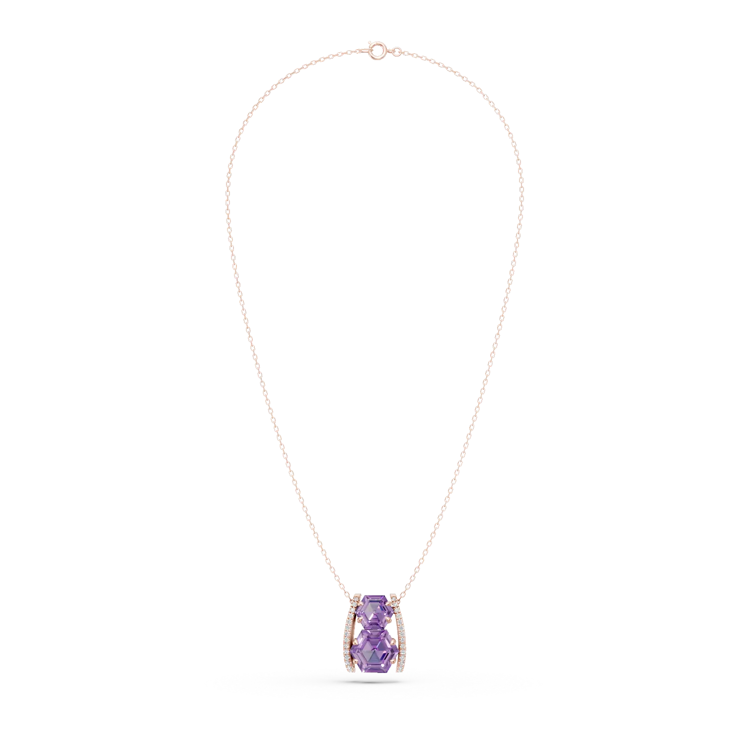 Rose gold geometric pendant necklace with 3.3ct amethysts and 0.1ct diamonds