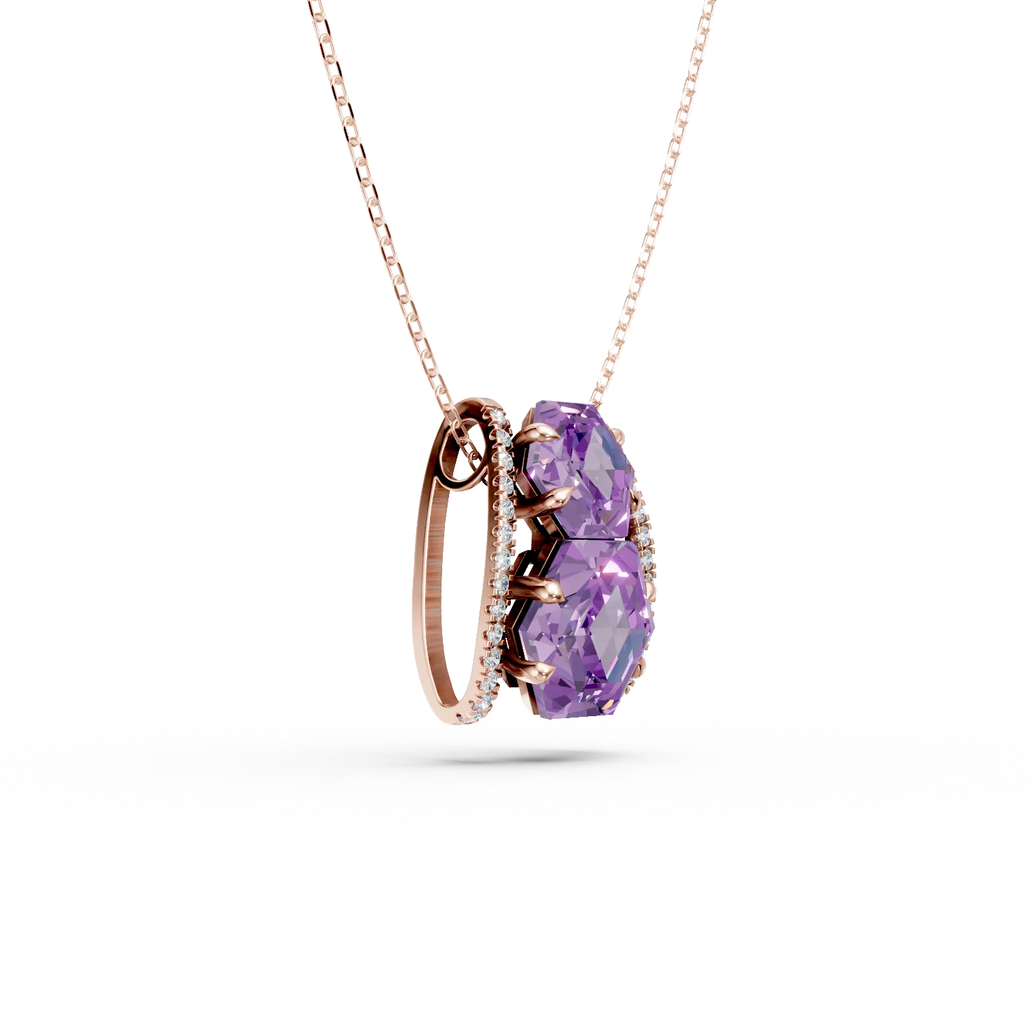 Rose gold geometric pendant necklace with 3.3ct amethysts and 0.1ct diamonds
