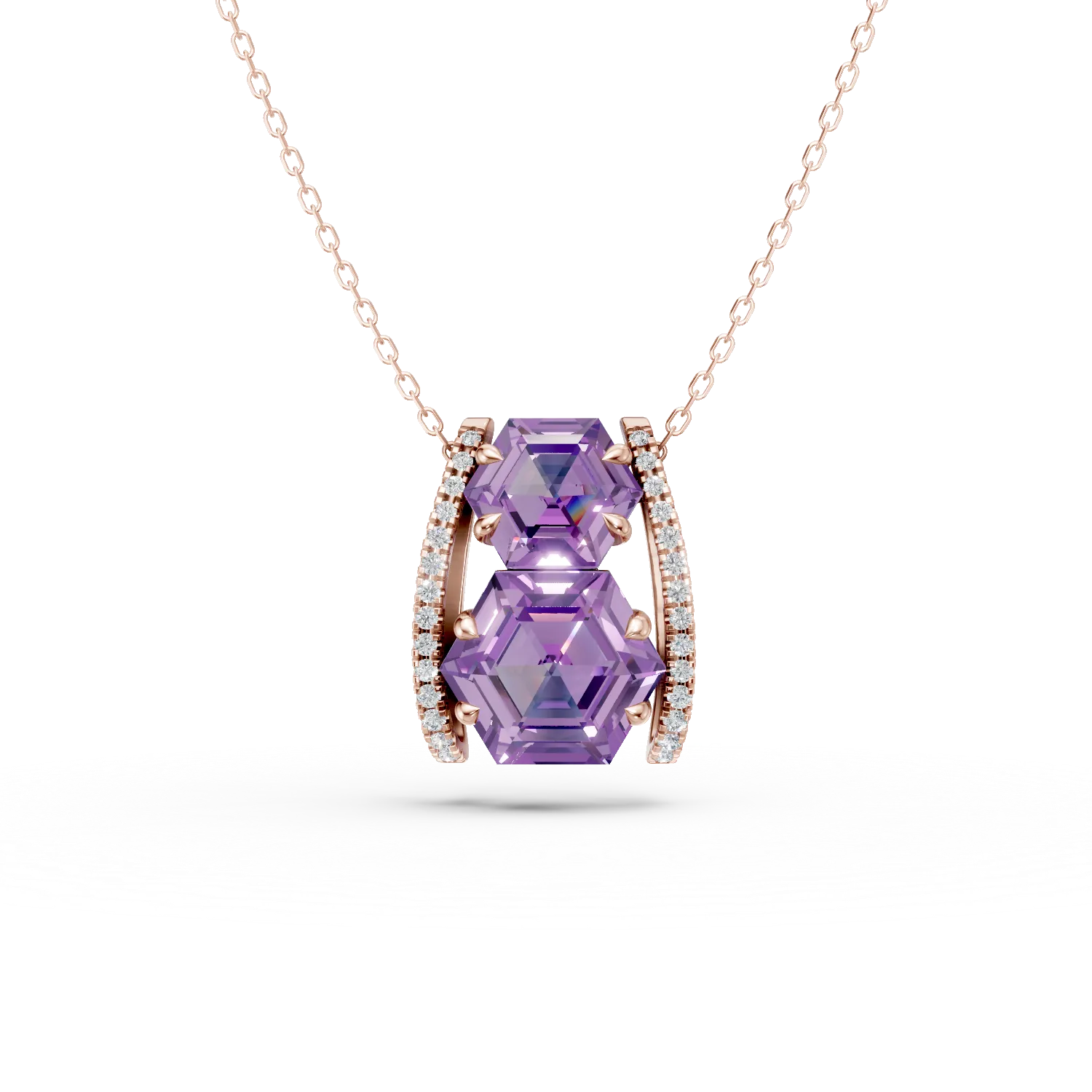 Lant cu pandantiv geometric din aur roz cu ametiste hexagonale de 3.3ct si diamante de 0.1ct