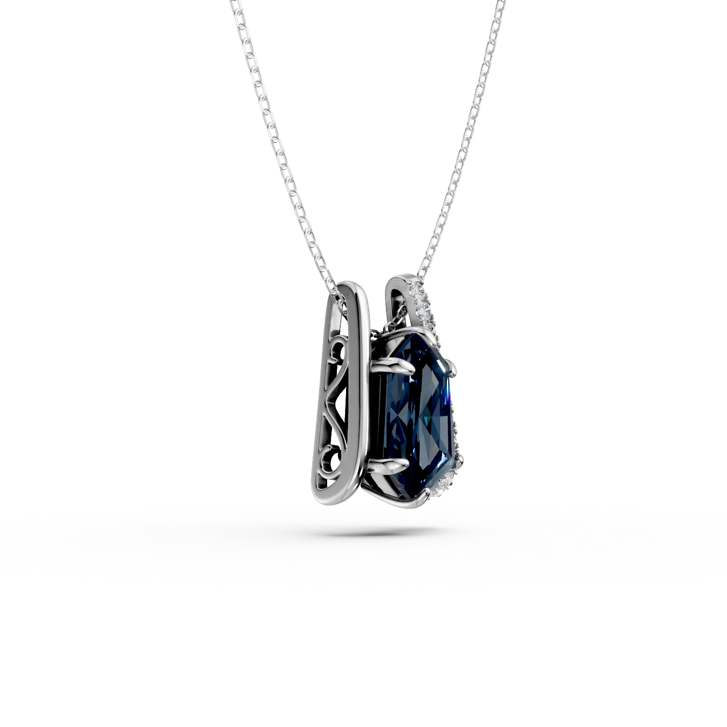 White gold geometric pendant necklace with 2.2ct london blue topaz and 0.1ct diamonds