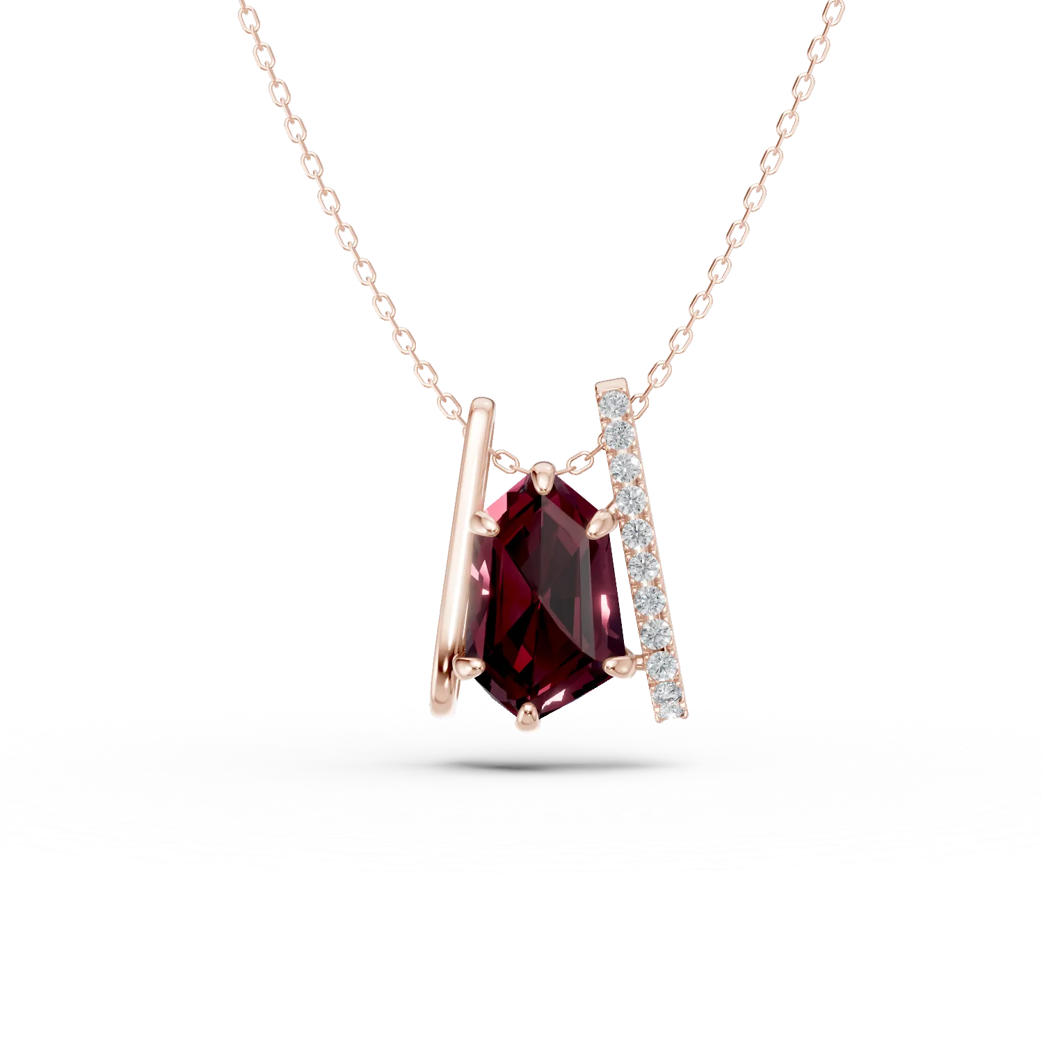 Lant cu pandantiv geometric din aur roz cu granat de 2.6ct si diamante de 0.1ct-191381