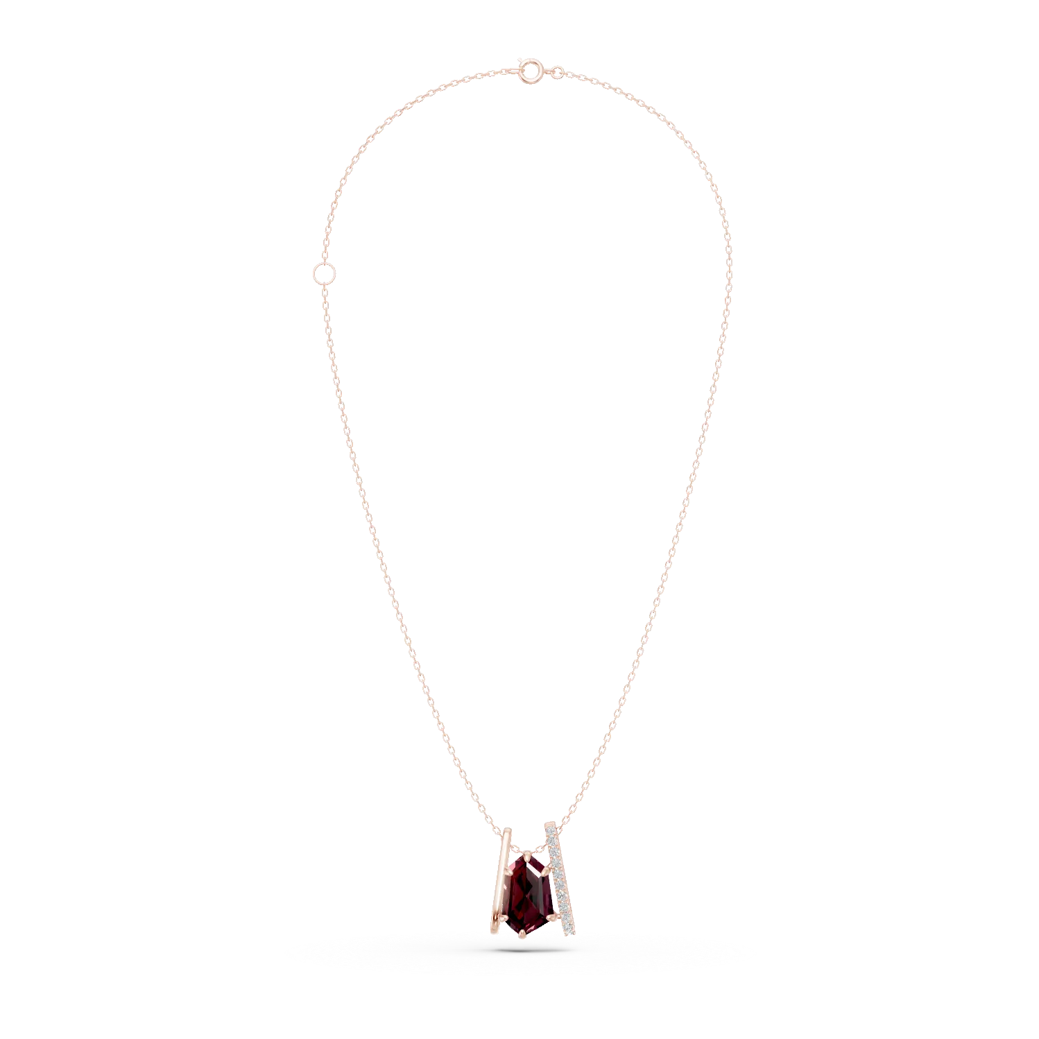 Rose gold geometric pendant necklace with 2.6ct garnet and 0.1ct diamonds