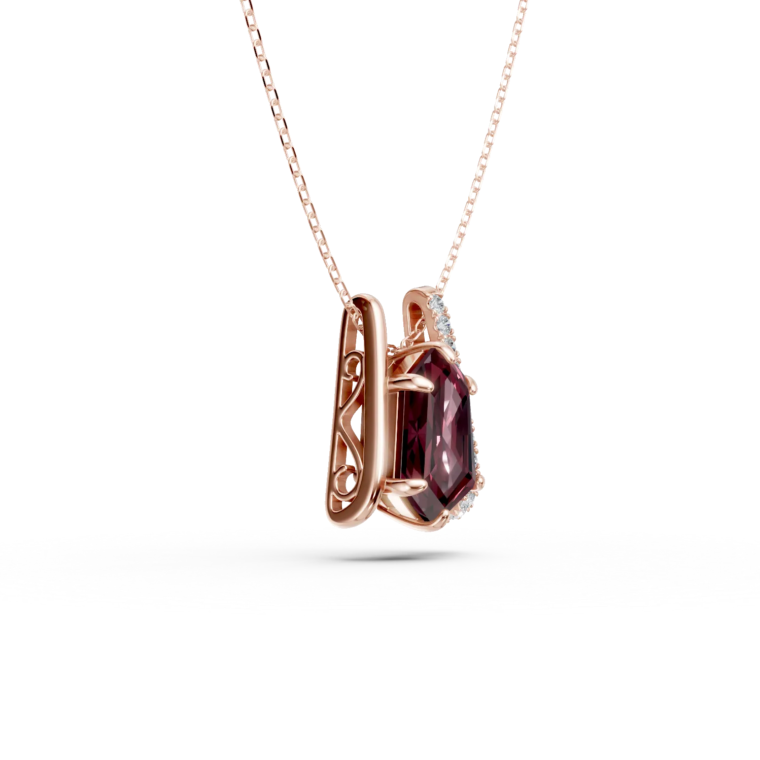 Rose gold geometric pendant necklace with 2.6ct garnet and 0.1ct diamonds