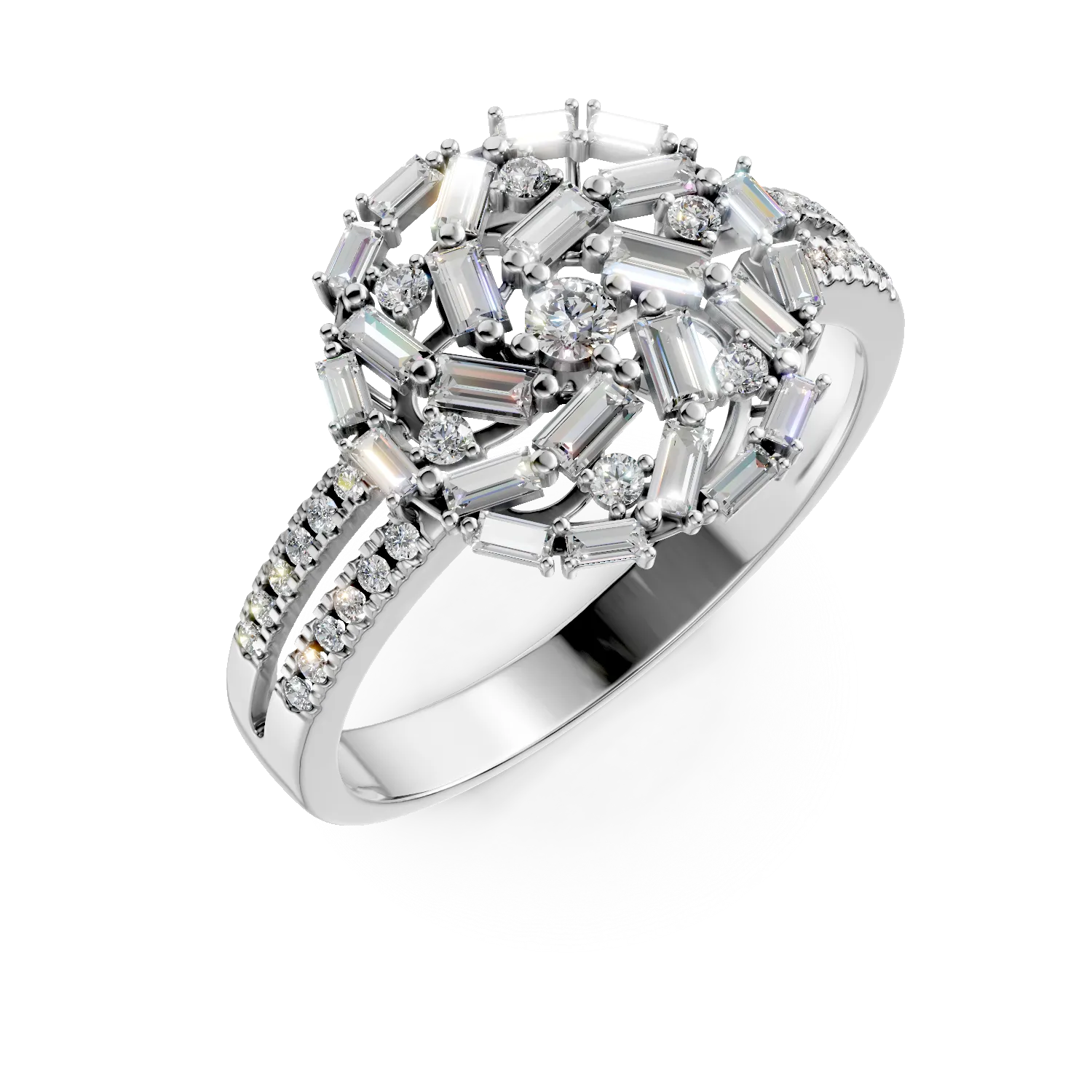 Inel rotund din aur alb cu diamante baguette si rotunde de 0.8ct