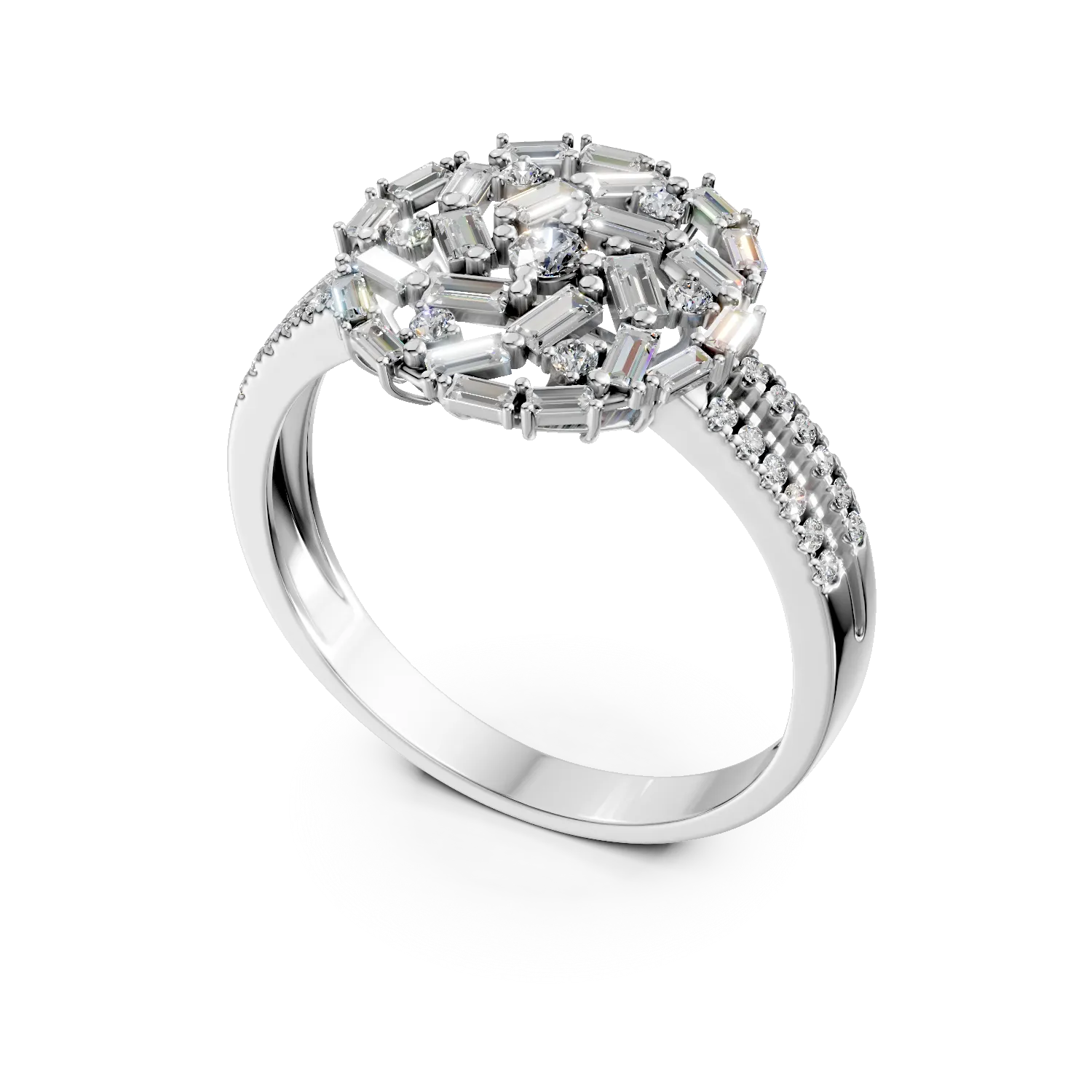 Inel rotund din aur alb cu diamante baguette si rotunde de 0.8ct