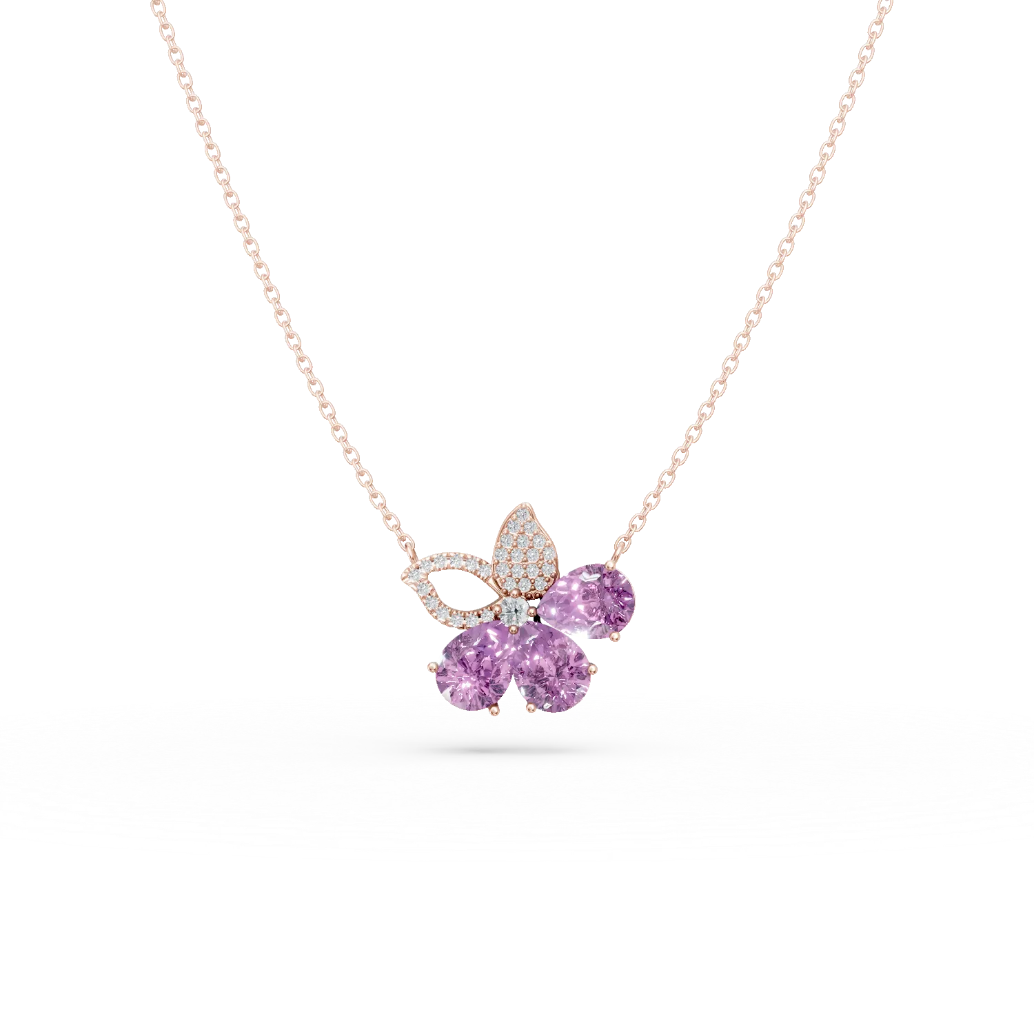 Lant cu pandantiv floare din aur roz cu ametiste pear de 3.4ct si diamante de 0.2ct