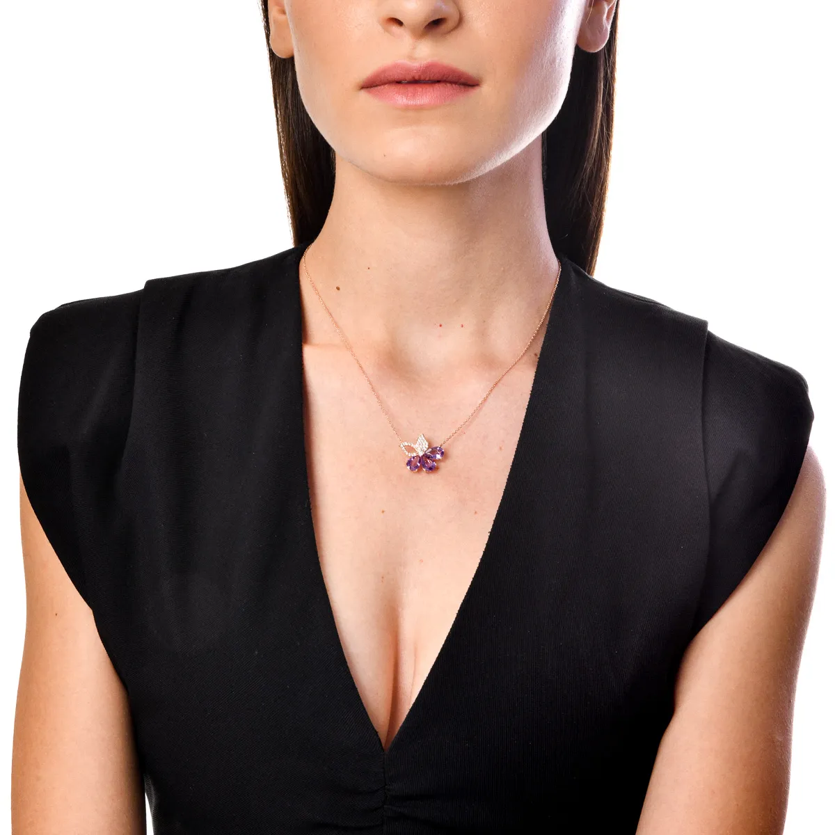Rózsarany virágos medál nyaklánc 3.4ct ametiszttel és 0.2ct gyémántokkal