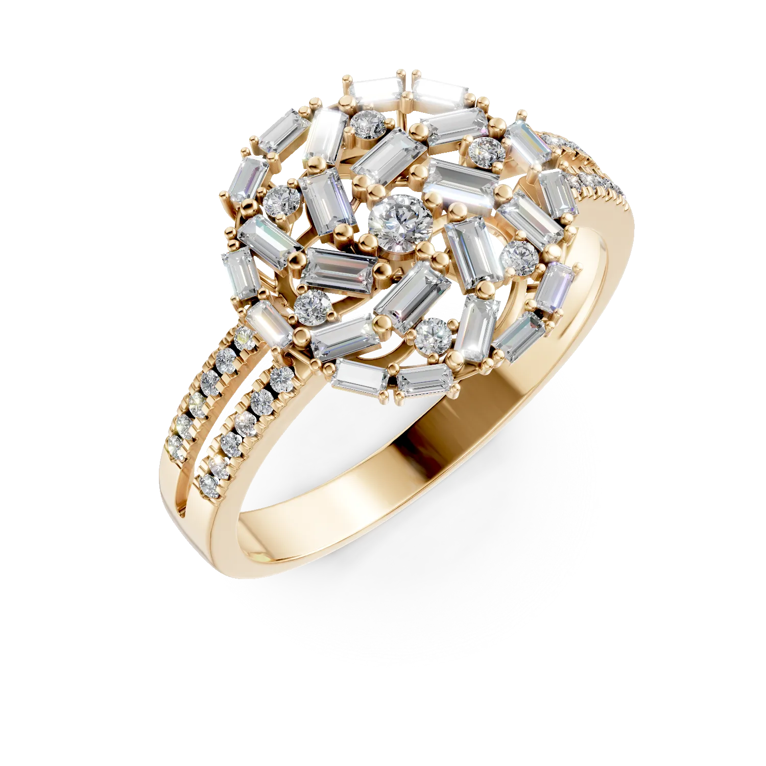 Inel rotund din aur galben cu diamante baguette si rotunde de 0.8ct