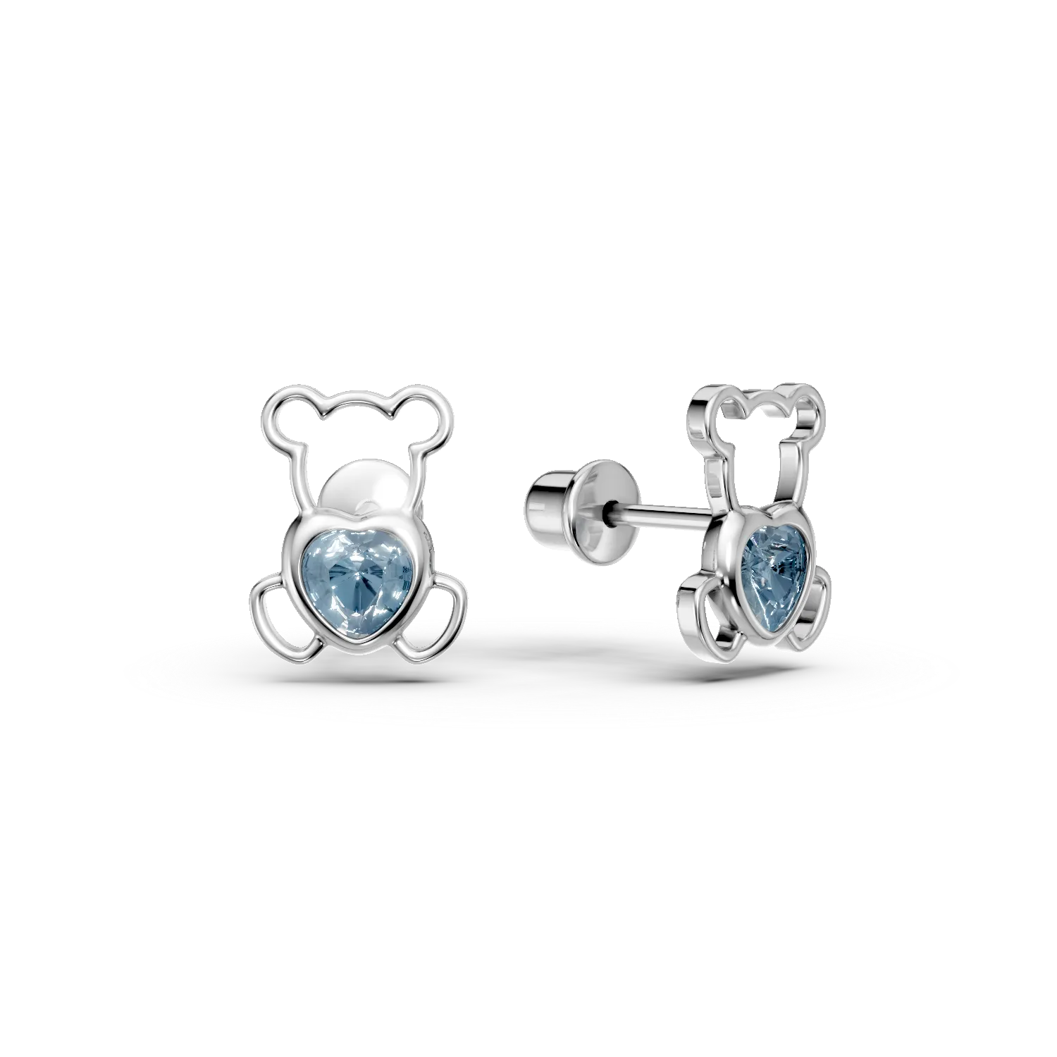 White gold teddy bear children's earrings with 0.2ct blue topaz
