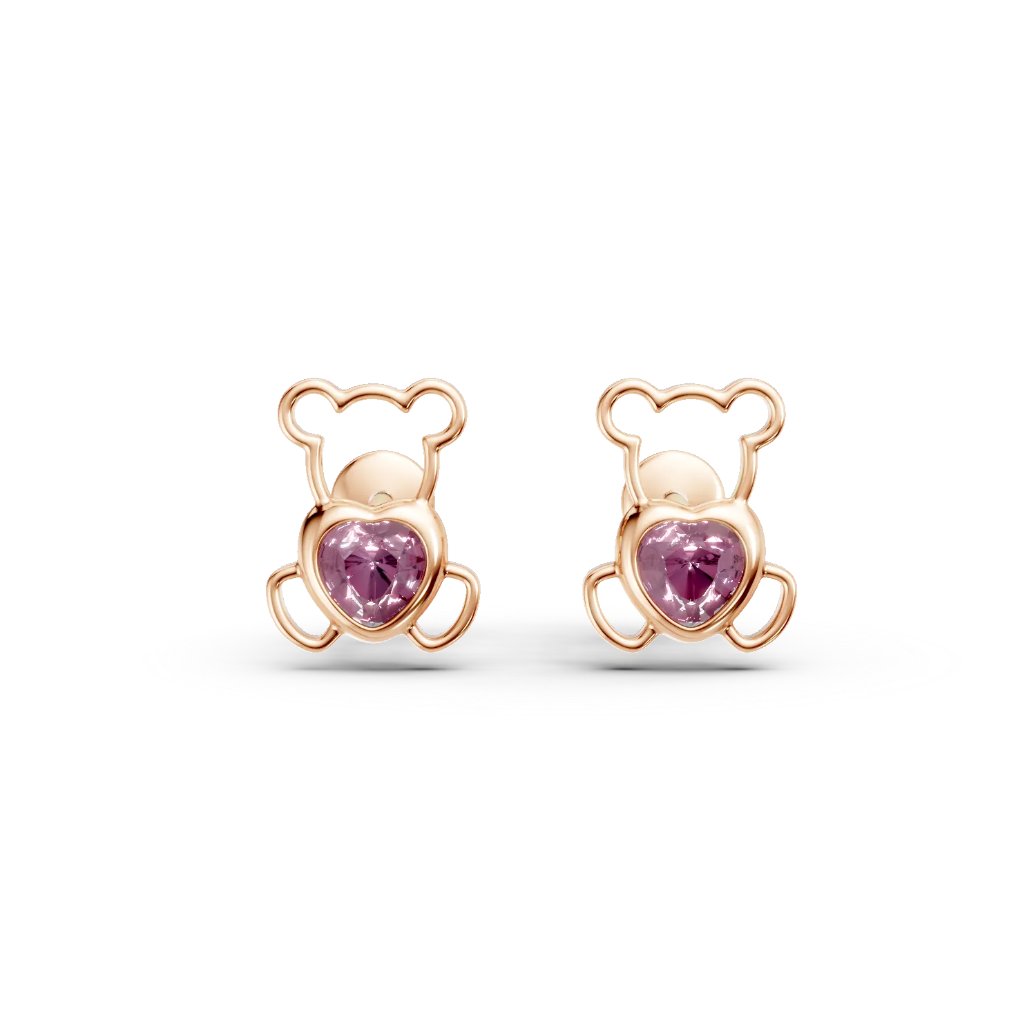 Rózsarany mackós gyerekfülbevaló 0.2ct rózsaszín zafírral
