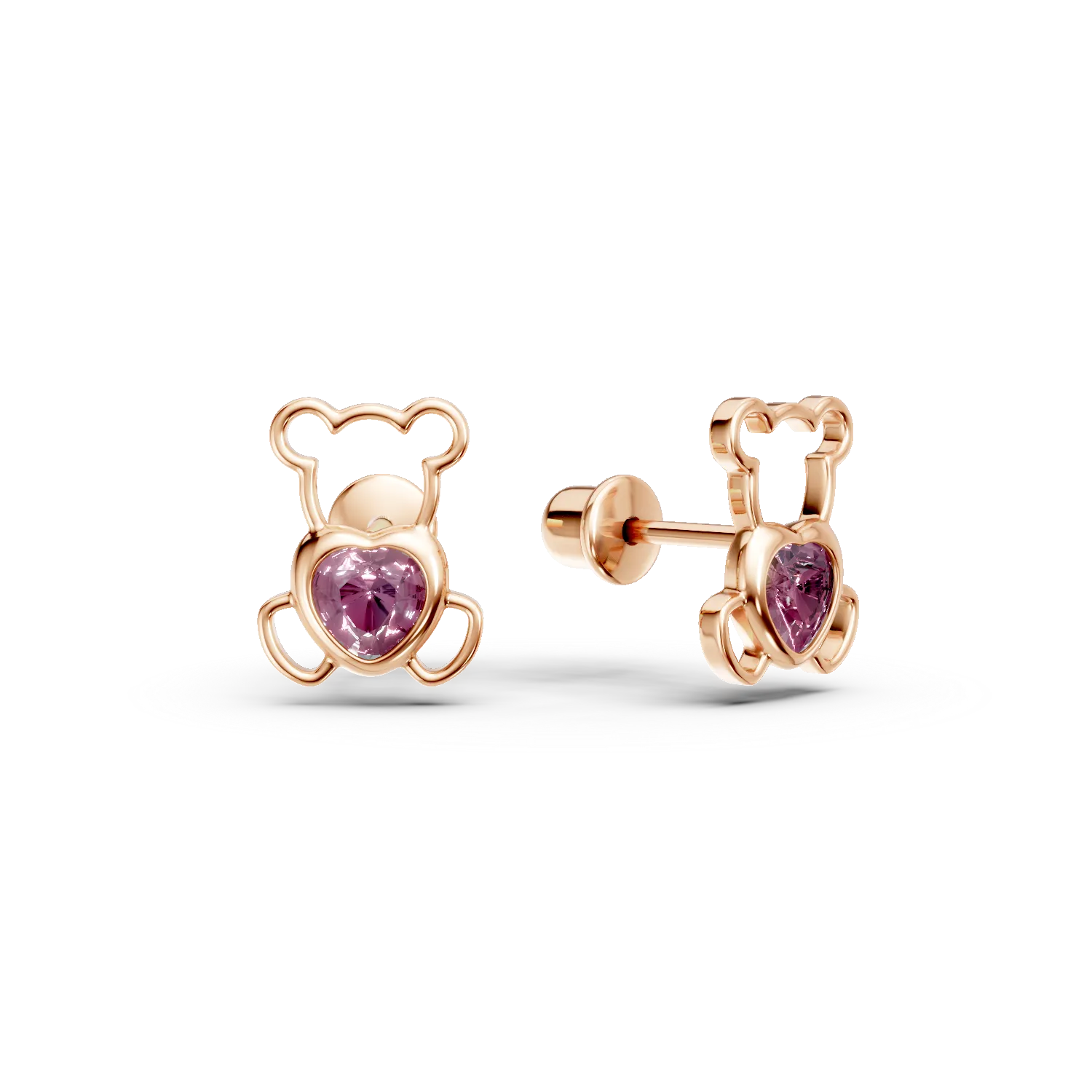 Rose gold teddy bear children's earrings with 0.2ct pink sapphires