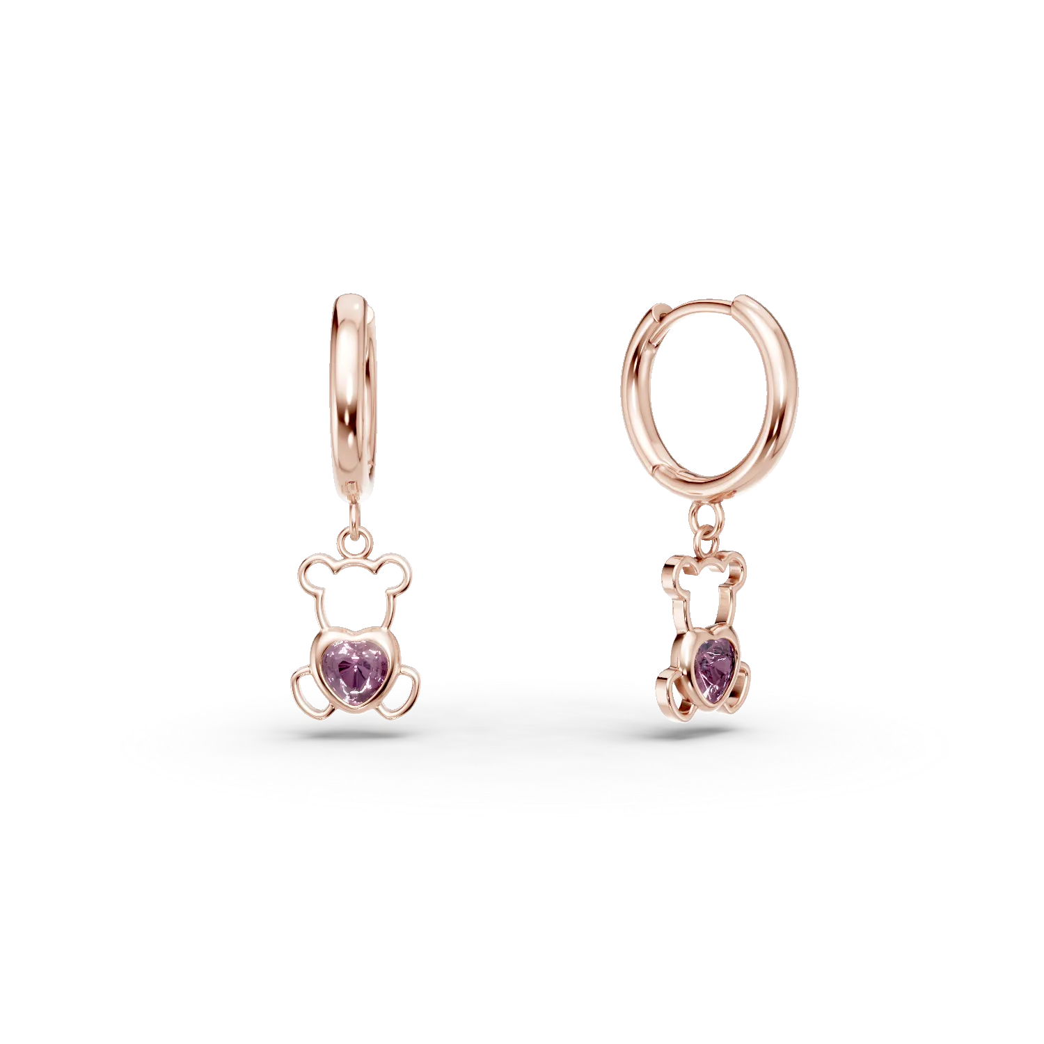 Rose gold teddy bear children's earrings with 0.2ct pink sapphires