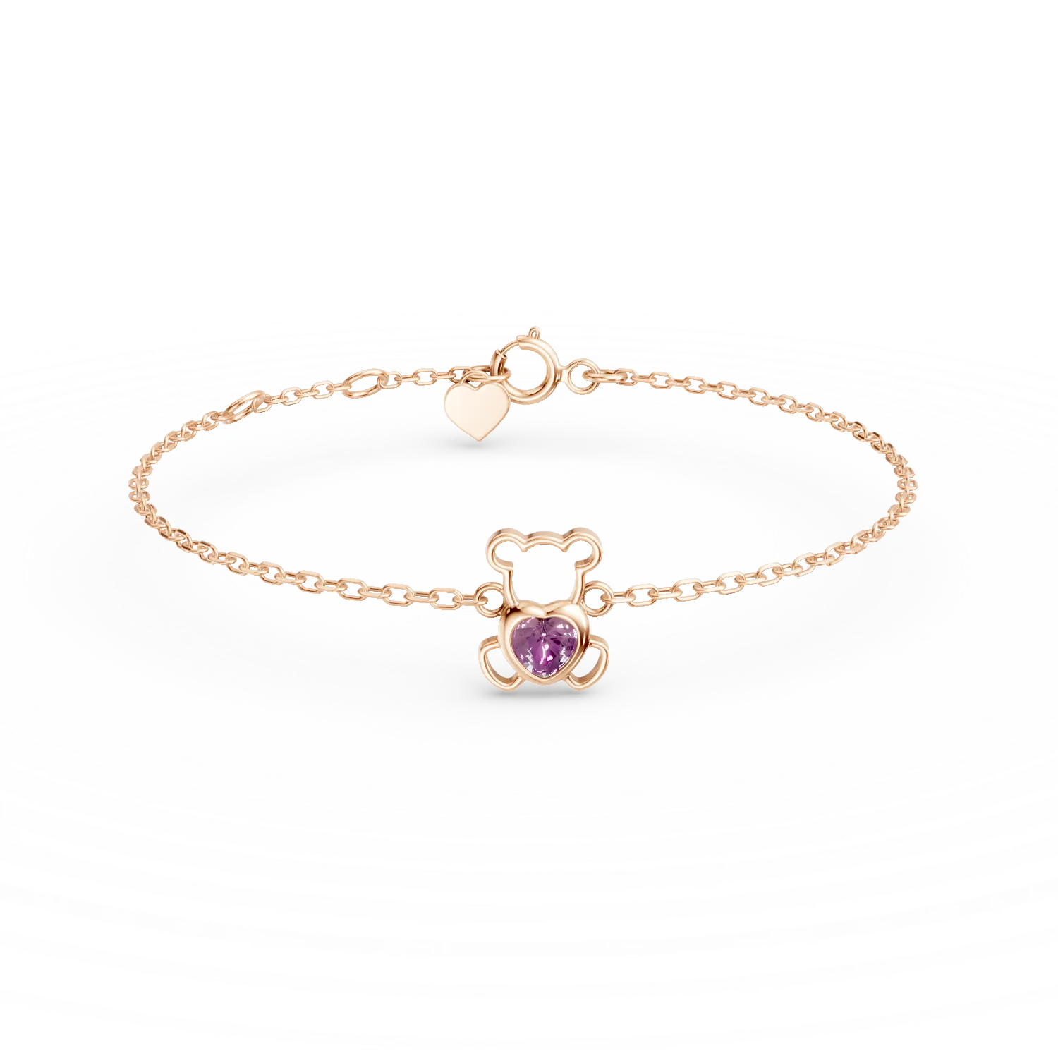 Bratara cu pandantiv ursulet din aur roz cu safir roz heart de 0.1ct pentru copii