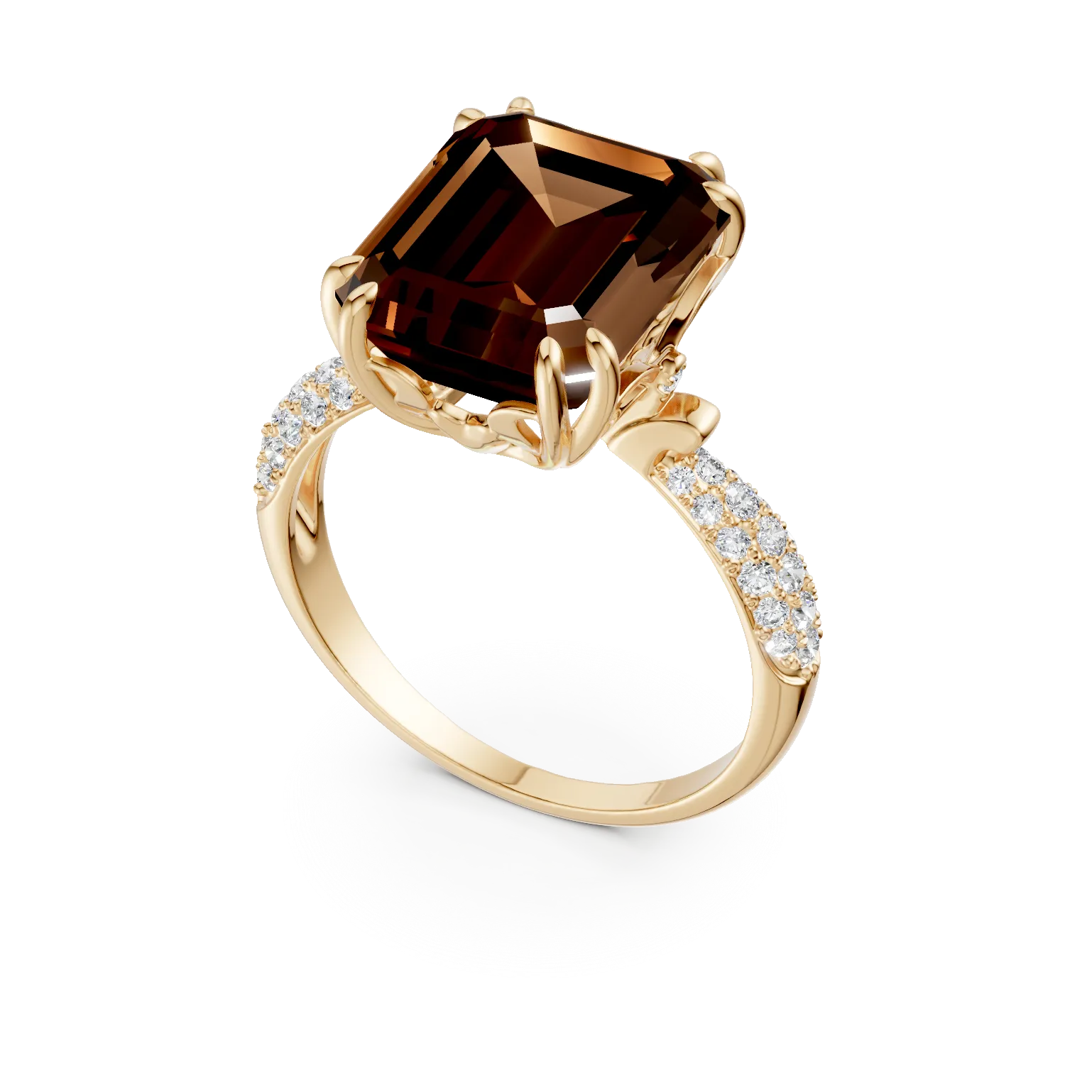 Sárga arany geometriai gyűrű 5.6ct füstkvarccal és 0.3ct gyémántokkal